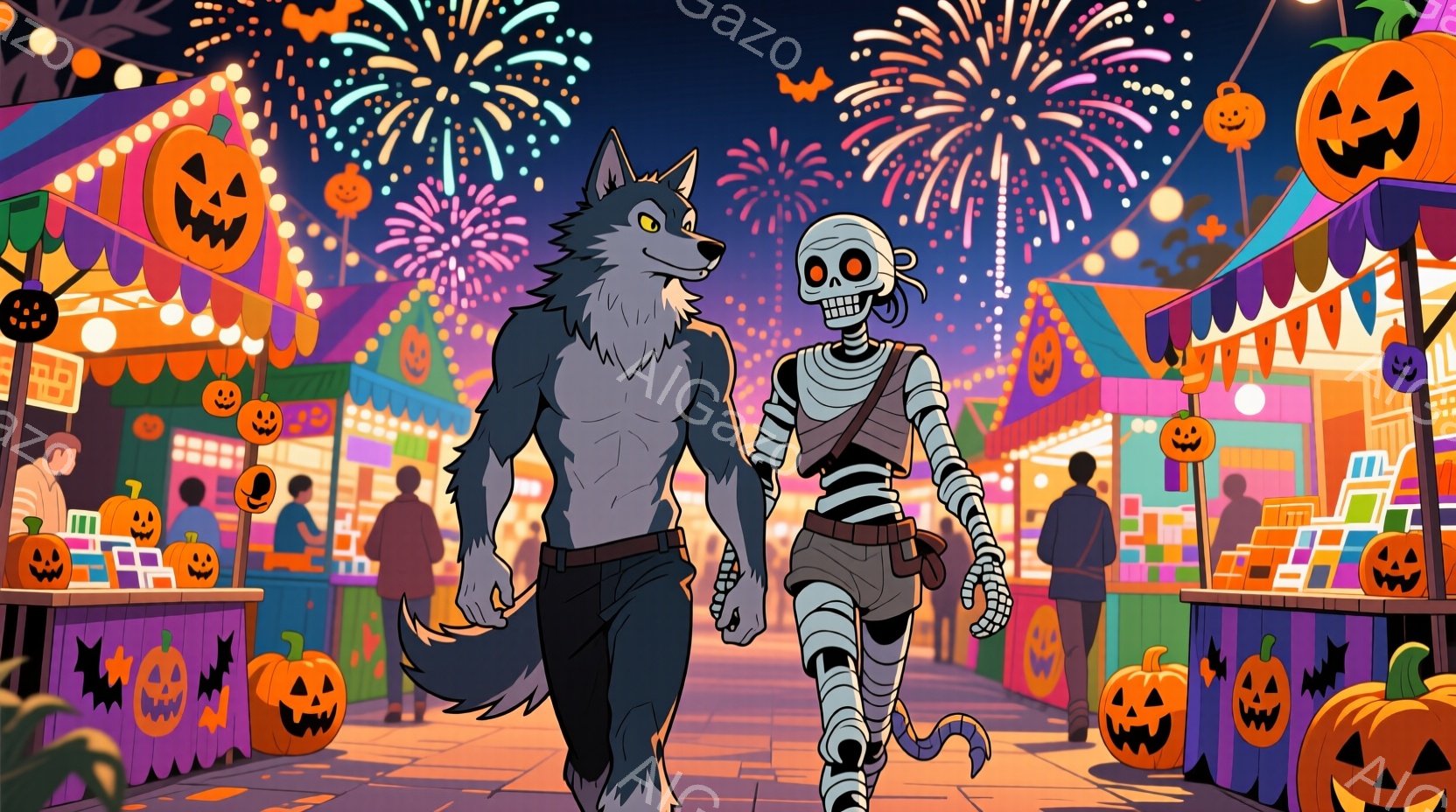 賑やかなハロウィンの夜祭りの風景で、狼男とミイラのキャラクターが手をつないで歩いています。狼男は上半身を露出し、黒いズボンとベルトを着用し、ミイラは包帯で全身が覆われ、ベルトを締めています。背景には、 - AI生成フリー素材