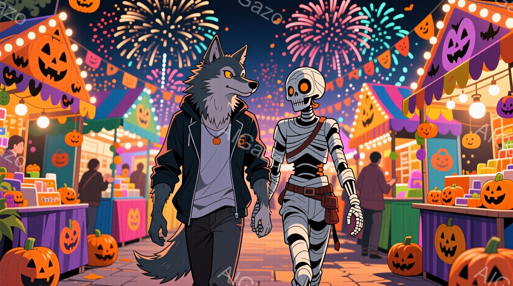 ハロウィーンの夜、狼男のような男性とミイラの姿をしたキャラクターが賑やかな通りを歩いている。男性は黒いジャケットとジーンズ姿で、ミイラは包帯で覆われ、ベルトで締めている。背景には、カボチャのランタンや - AI生成フリー素材