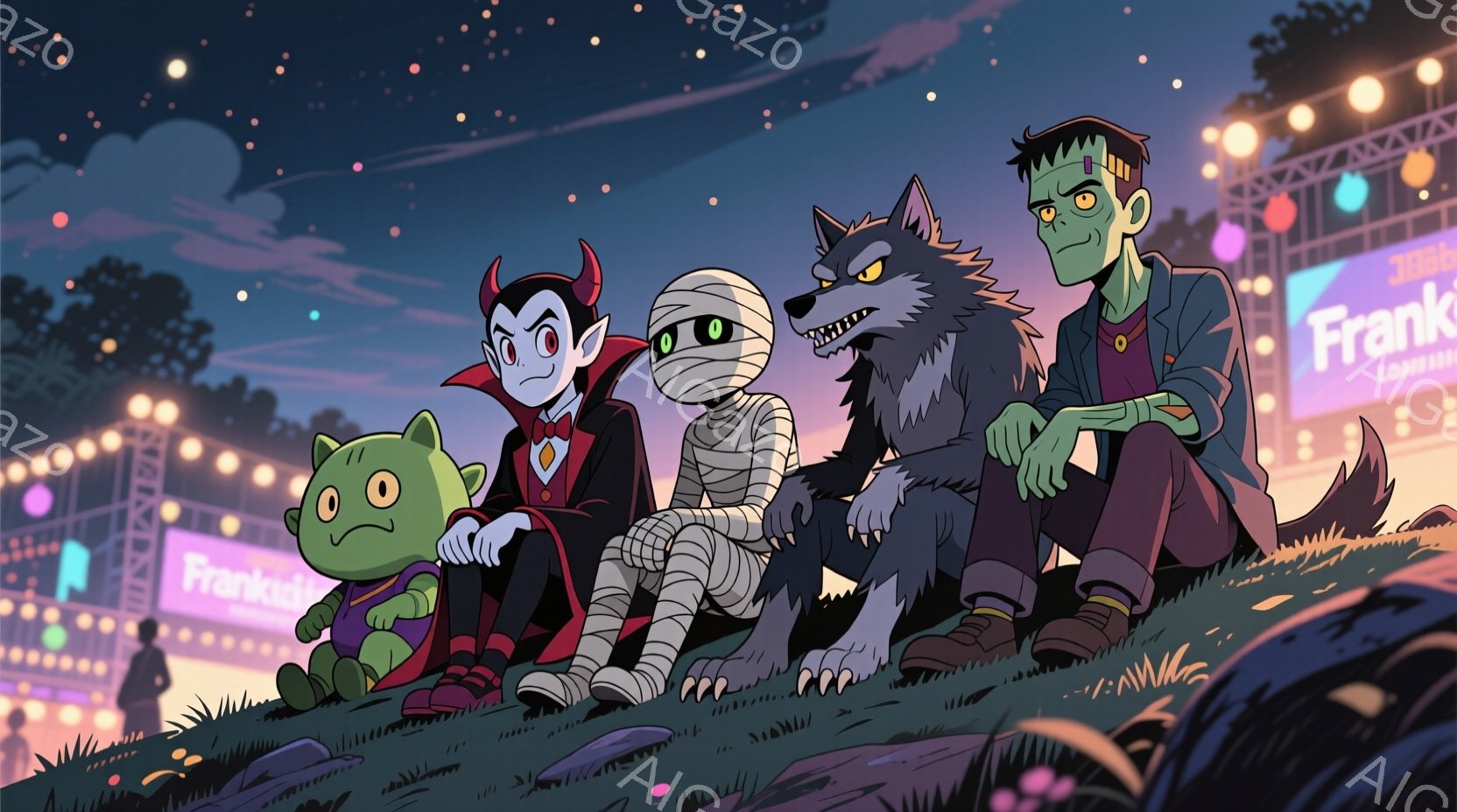 丘の上に、フランケンシュタインの怪物、人狼、ミイラ、そして緑色の怪物のようなキャラクターが座っている様子が描かれている。彼らはそれぞれ紫、赤、ベージュ、緑の服を着ており、表情はそれぞれ少し不機嫌そう、クール、無表情、そして楽しそうである。背景には、賑やかな遊園地らしき場所が見え、夜空には星が輝き、少し不気味でありながらも活気のある雰囲気である。