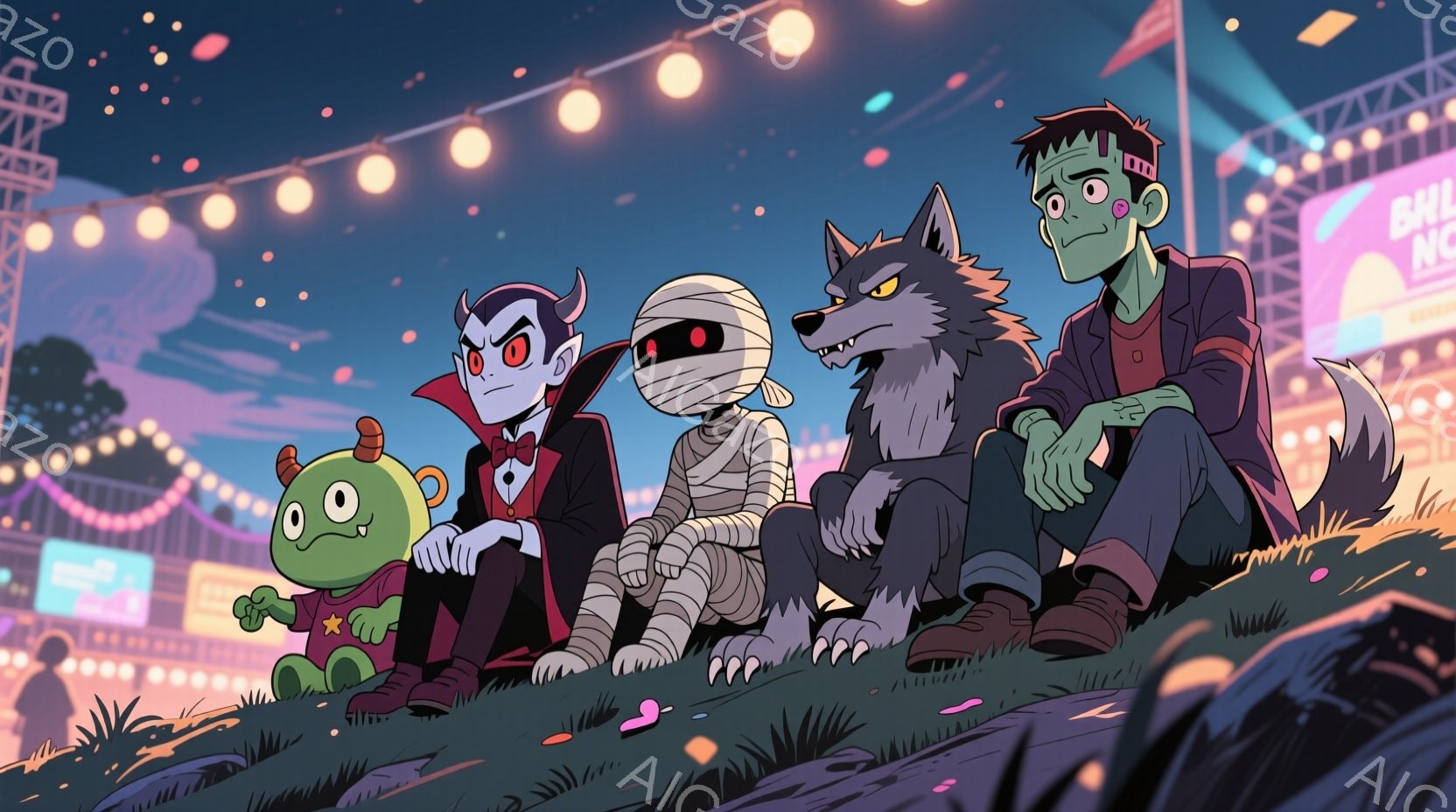 丘の上には、吸血鬼、ミイラ、狼男、そして小さな緑のモンスターの4人が腰掛けている。吸血鬼は赤いスーツに黒い髪型で、少し不機嫌そうな表情をしている。背景には、夜の遊園地らしき光景が広がり、カラフルなライ - AI生成フリー素材