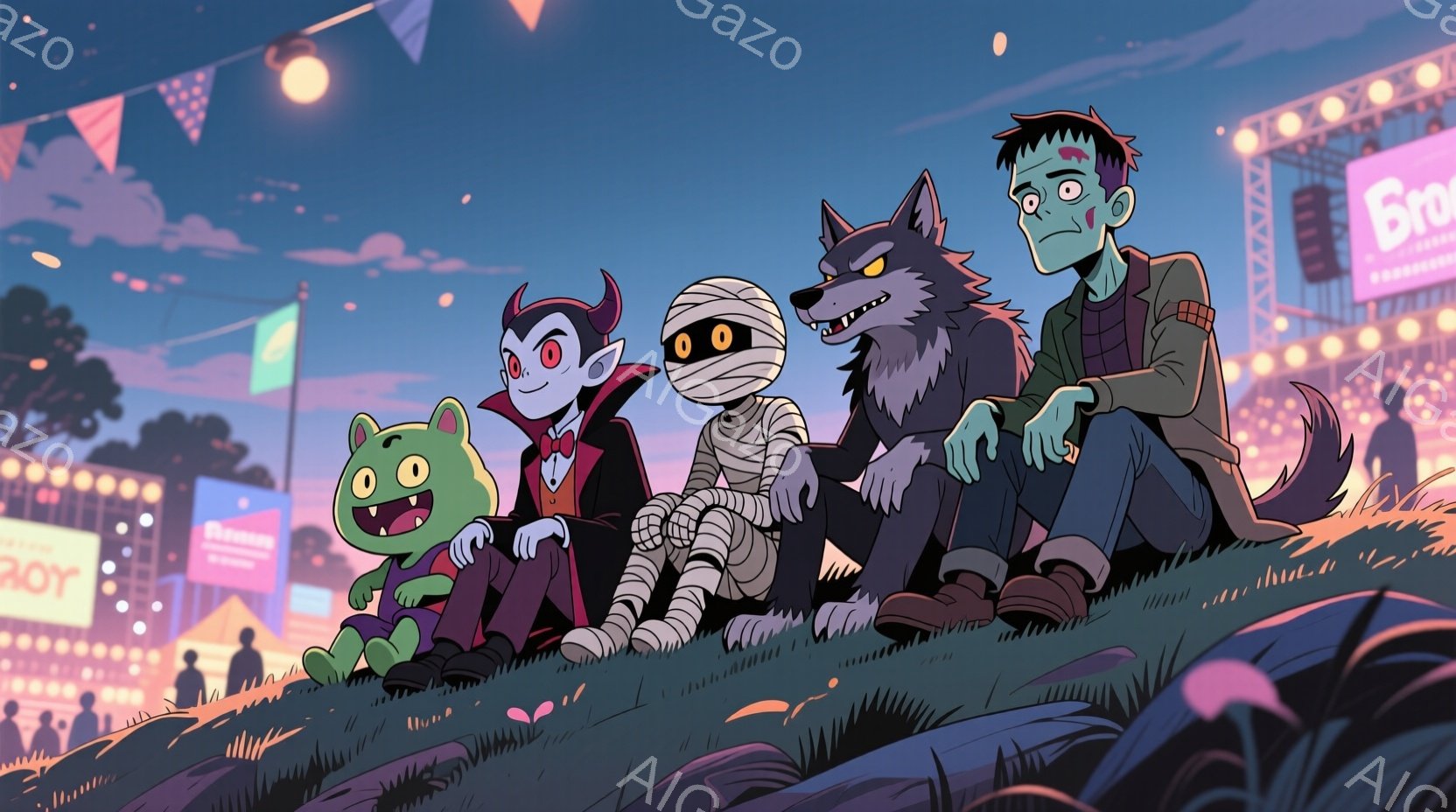 丘の上に、フランケンシュタイン、狼男、ミイラ、そして緑色の小さな怪物たちが座っているイラストです。フランケンシュタインは緑色の肌にボルトの首、狼男は暗い毛並みと鋭い牙、ミイラは包帯で全身が覆われ、怪物 - AI生成フリー素材