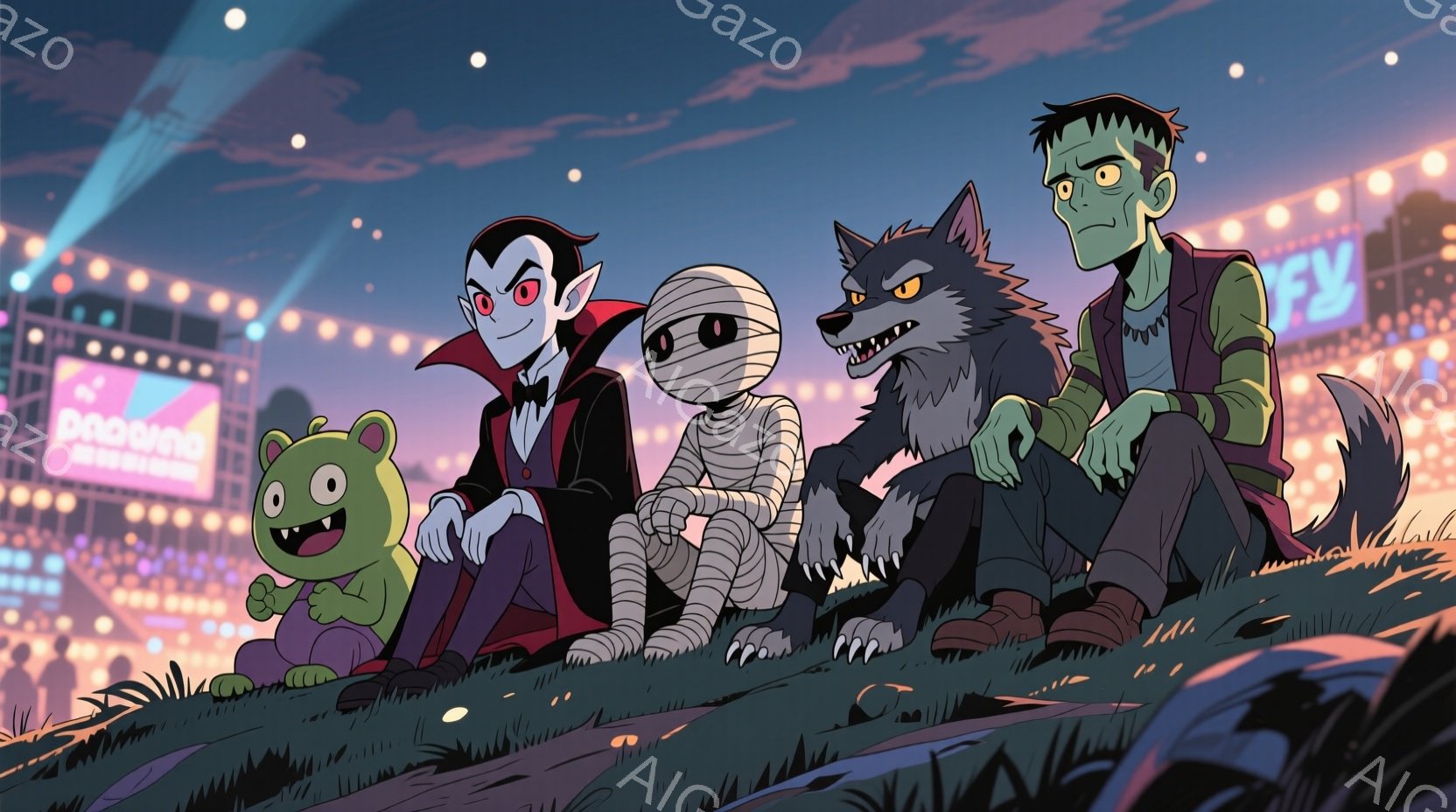 丘の上に、吸血鬼、ミイラ、人狼、そして小さな緑色のモンスターが座って、夜の街を見下ろしている。吸血鬼は黒いスーツを着ており、ミイラは包帯で覆われ、人狼は茶色のジャケットを着ている。背景にはきらめく街の明かりと、夜空に浮かぶ星が見え、全体的にユーモラスで活気のある雰囲気である。