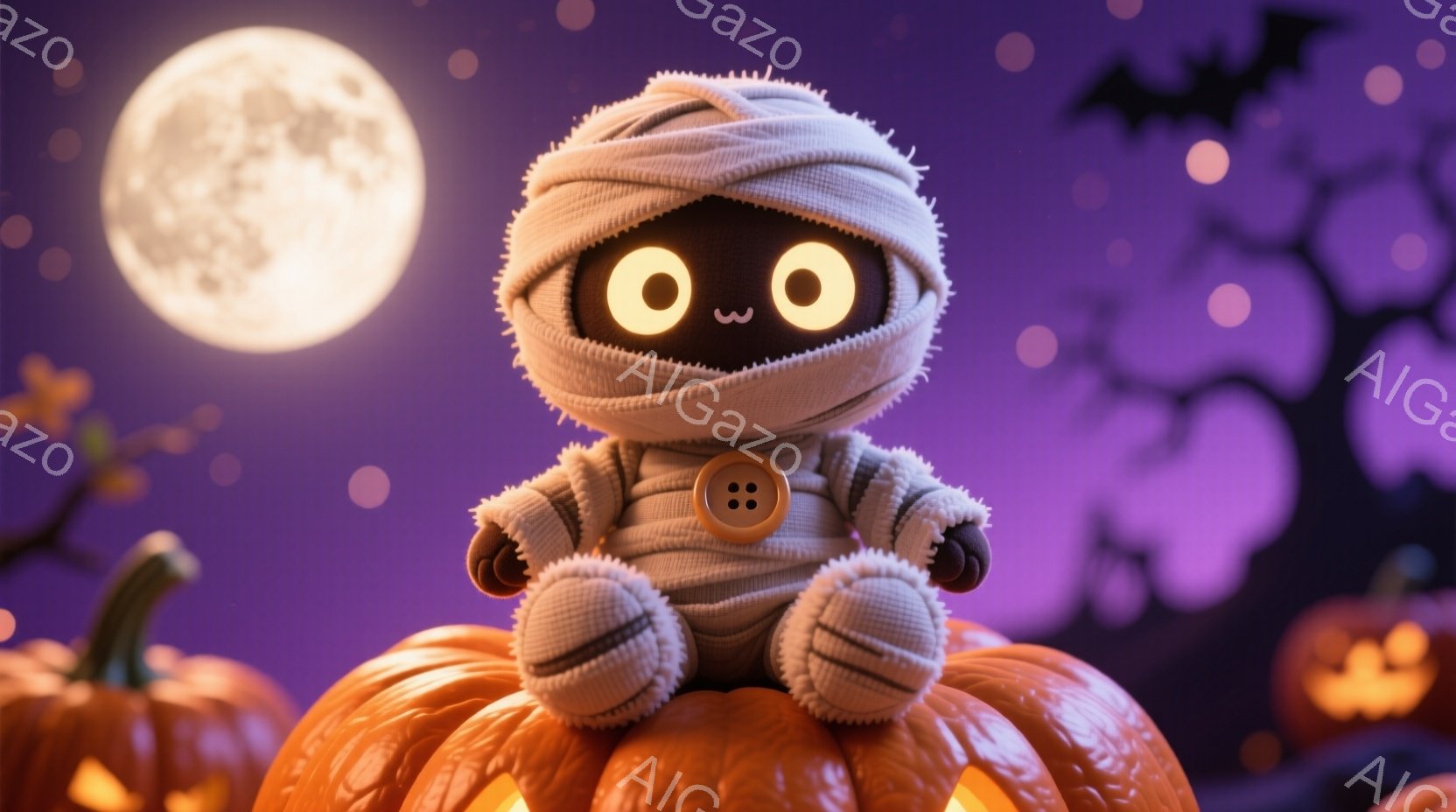 不気味なハロウィーンの夜、包帯で覆われた小さなミイラがオレンジ色のカボチャの上に座っています。大きな丸い目は可愛らしい印象を与え、包帯の下からは小さな手が覗いています。背景には満月とシルエットの木々、 - AI生成フリー素材