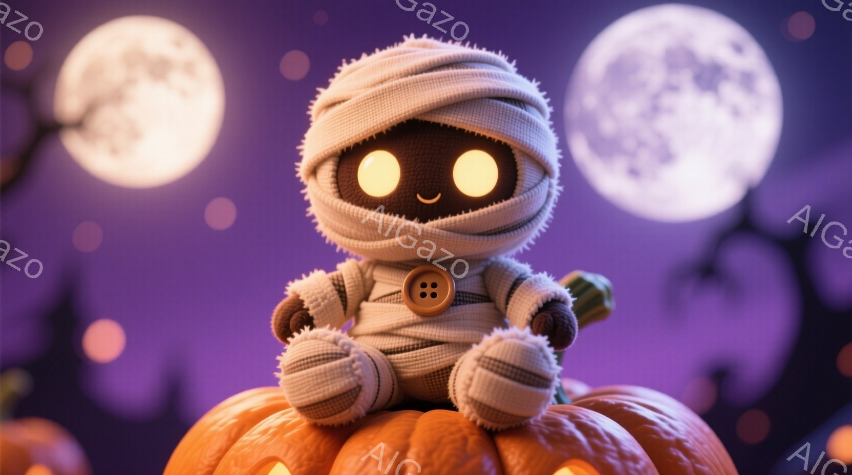 白い包帯でぐるぐる巻きにされた可愛らしいミイラのキャラクターが、オレンジ色の大きなカボチャの上に座っています。大きな黒い瞳と明るい笑顔が印象的で、ミイラの装いに可愛らしいボタンがアクセントになっています。背景は紫色の夜空で、満月やシルエットの木々、光るカボチャがハロウィンの雰囲気を盛り上げています。