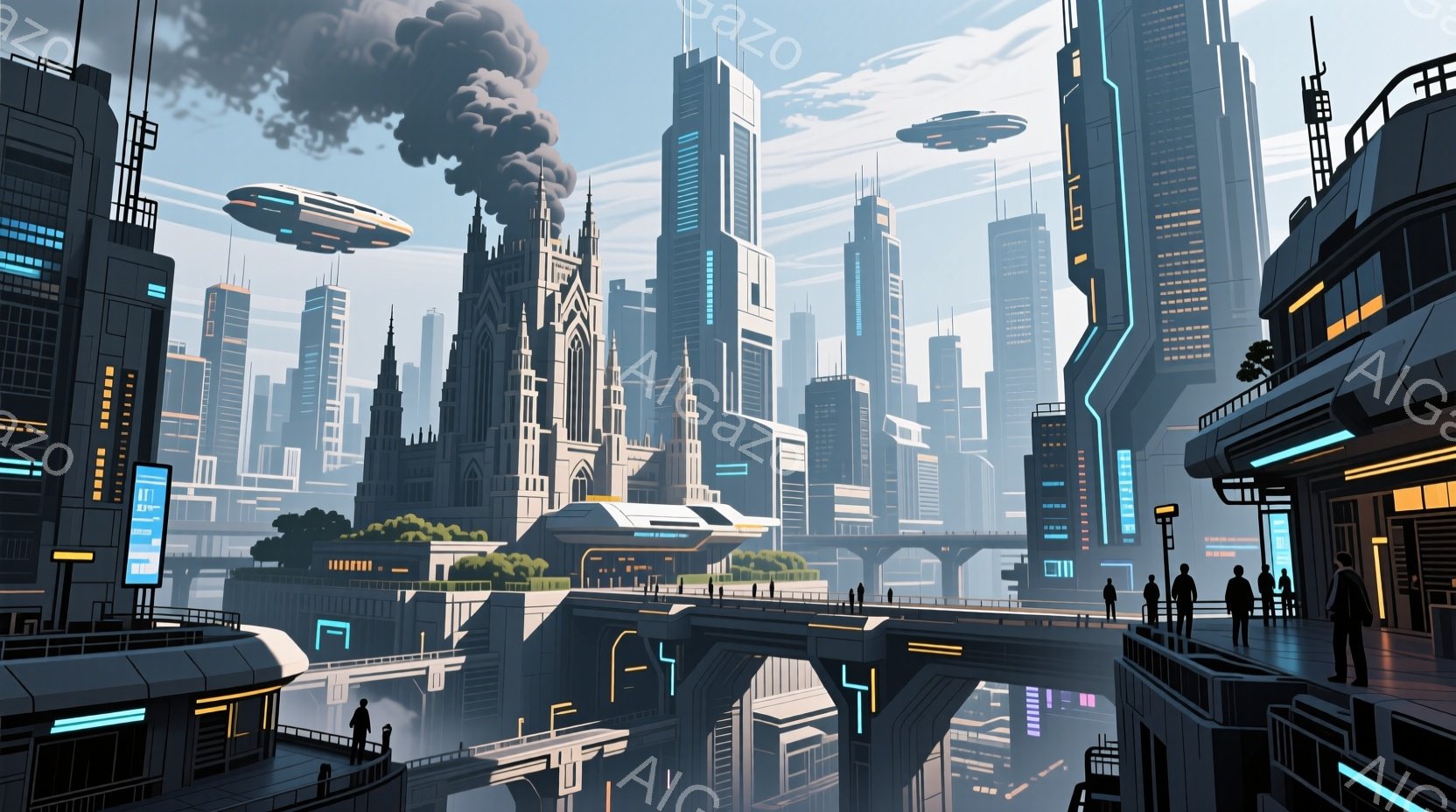 未来都市の風景が広がっており、高層ビル群と、それらをつなぐ橋や通路が複雑に絡み合っている。人々はフォーマルな服装で、黒いスーツを着ており、遠くの景色を眺めている。空には雲と、未来的な飛行物体が浮かび、全体的に洗練された、少し寂しげな雰囲気が漂っている。