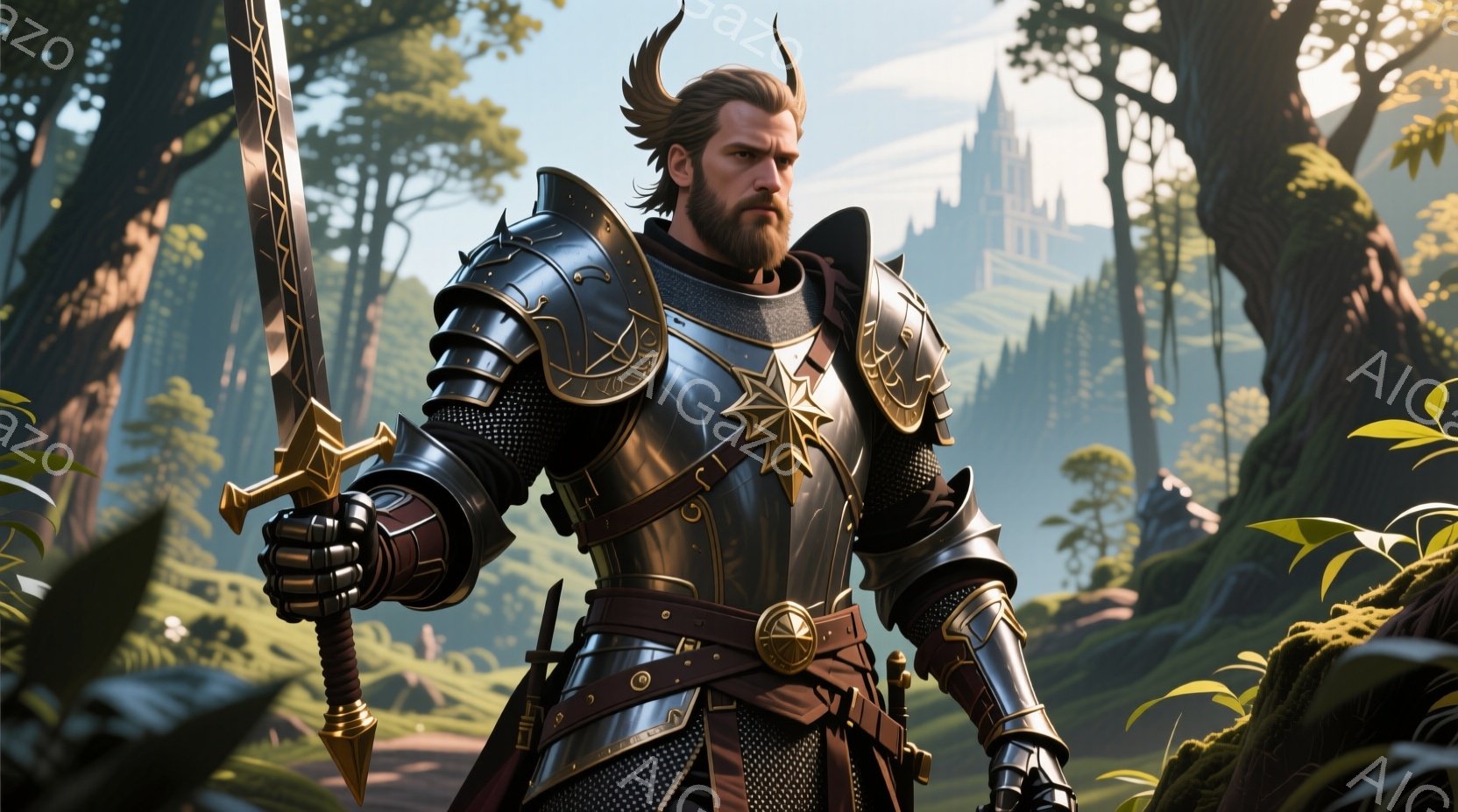 頑丈な黒と金色の鎧を身に着けた男性が、手に剣を持ち、自信に満ちた表情でこちらを見つめている。彼の髪は肩まで伸び、髭も伸びている。背景には緑豊かな森林と遠くに見える城のような建物があり、晴天の下、力強い - AI生成フリー素材