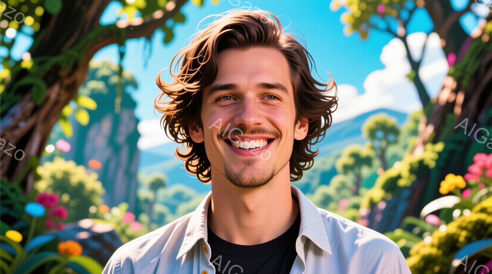 明るい笑顔を浮かべた若い男性が写っています。彼は黒いTシャツの上に薄い灰色のボタンダウンシャツを着ており、カールした茶色の髪と整えられた髭を持っています。背景には、鮮やかな色の花々や緑豊かな植物、そし - AI生成フリー素材