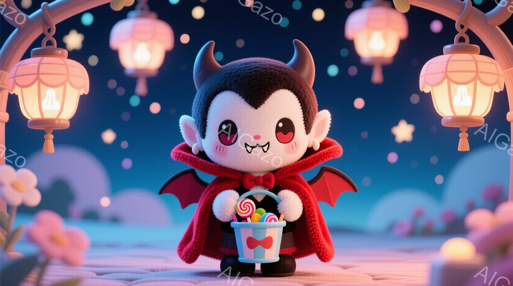 愛らしいバンパイアのキャラクターが描かれています。キャラクターは黒い髪と小さな角を持ち、赤いマントと蝶ネクタイを着ています。背景には、柔らかい光を放つランタンが並び、花が咲き乱れるファンタジーのような夜の風景が広がっています。