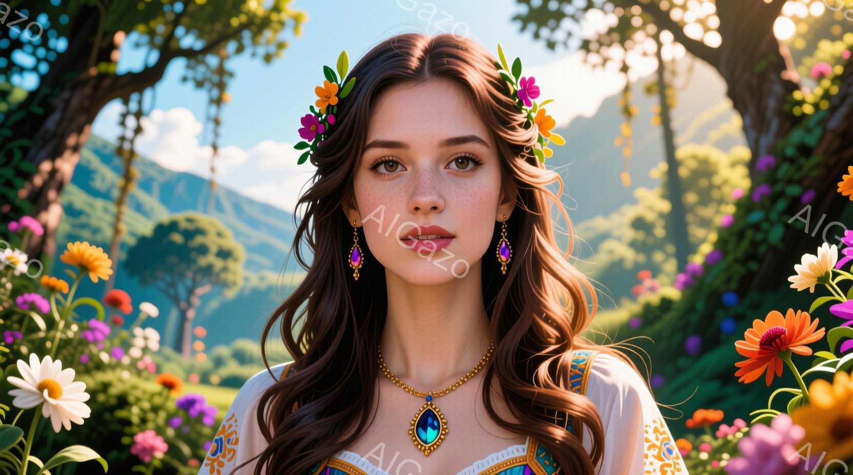 明るい花々に囲まれた若い女性が写っている。彼女は肩出しの白いブラウスに金色のネックレス、紫色の宝石のイヤリングを身に着け、髪には花飾りをつけている。背景には緑豊かな風景が広がり、暖かく穏やかな雰囲気が漂っている。