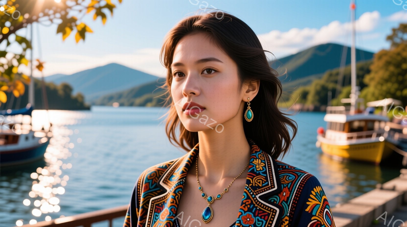 深い青色の民族風模様のジャケットを着た若い女性が、わずかに微笑みながらこちらを見ている。彼女は金色のチェーンにターコイズ色の宝石が散りばめられたネックレスと、同色の大きなドロップイヤリングを身につけており、ダークブラウンのゆるいウェーブヘアが肩にかかっている。背景には穏やかな水面と、色とりどりのボート、そして緑豊かな山々が広がり、晴れた日の穏やかな雰囲気を醸し出している。