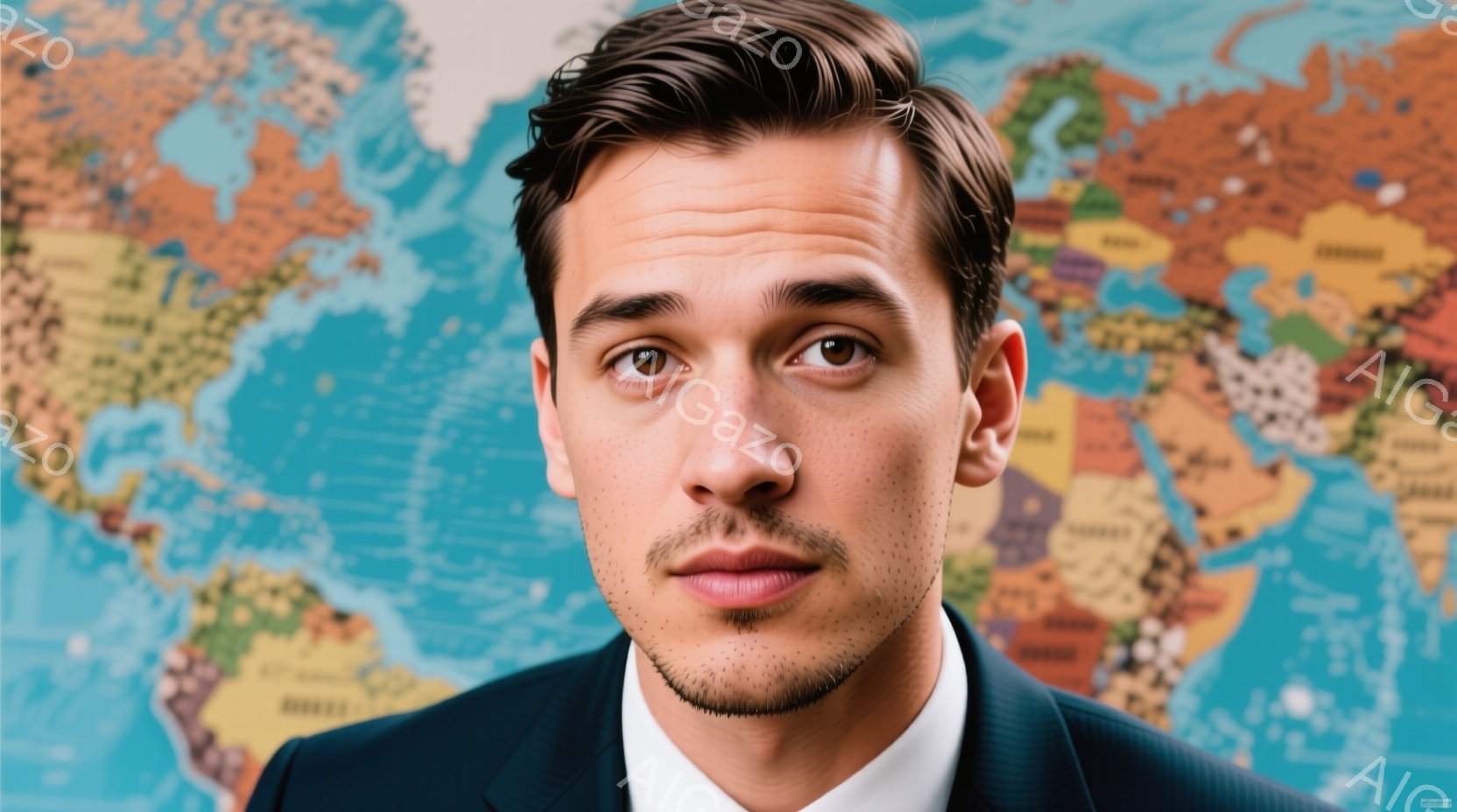 この男性は、濃い青色のスーツに白いシャツを着ており、整った髪型と口髭が特徴的です。彼はカメラに向かってまっすぐ見つめており、真剣で落ち着いた表情をしています。背景には世界地図が広がり、グローバルな雰囲気を感じさせます。