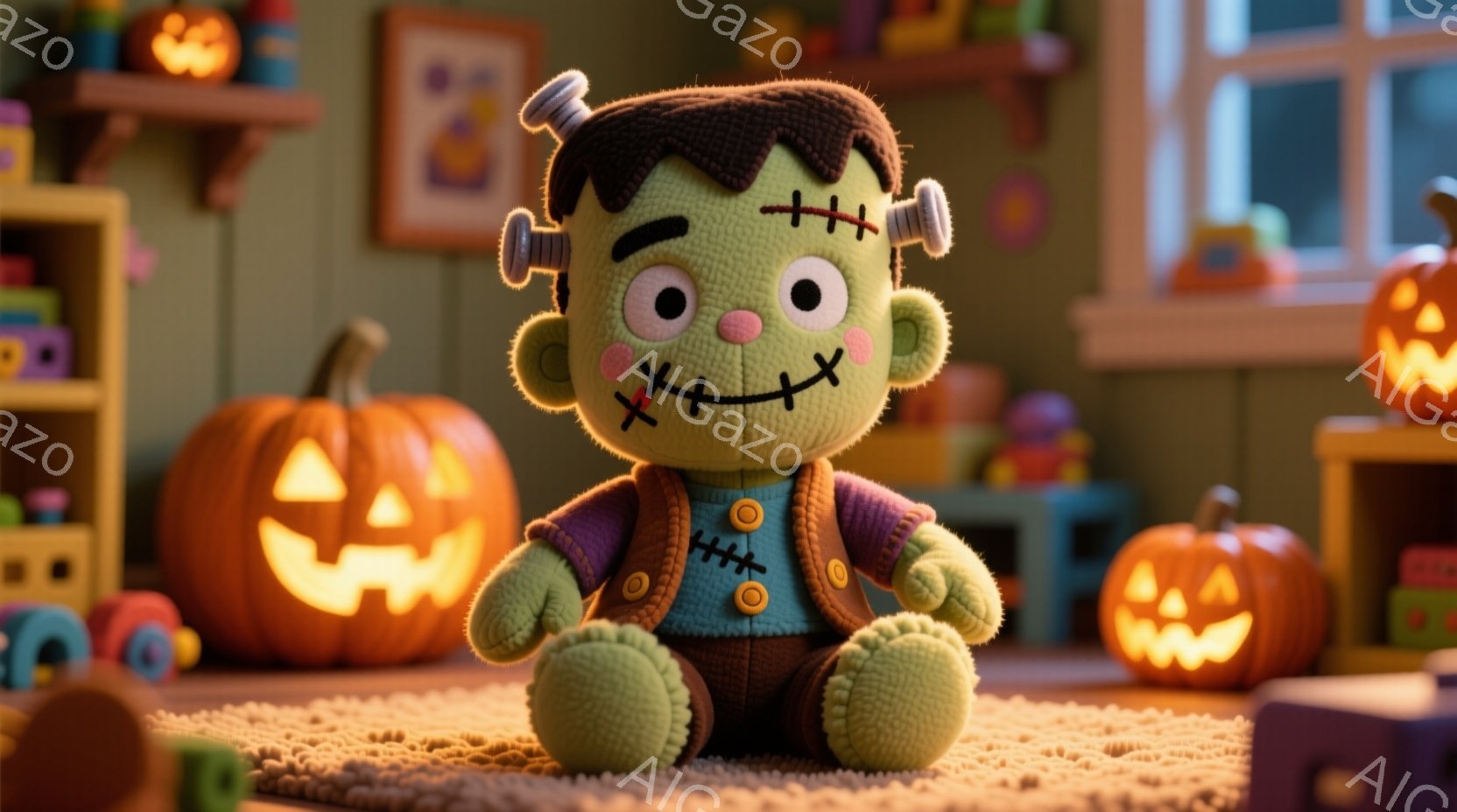 緑色のフランケンシュタインのぬいぐるみは、紫色のベストと茶色のベルトで飾られています。大きな黒い髪と、頬に赤いリンゴのようなほろこしを持ち、おどけた表情をしています。背景には、ハロウィーンの装飾である - AI生成フリー素材