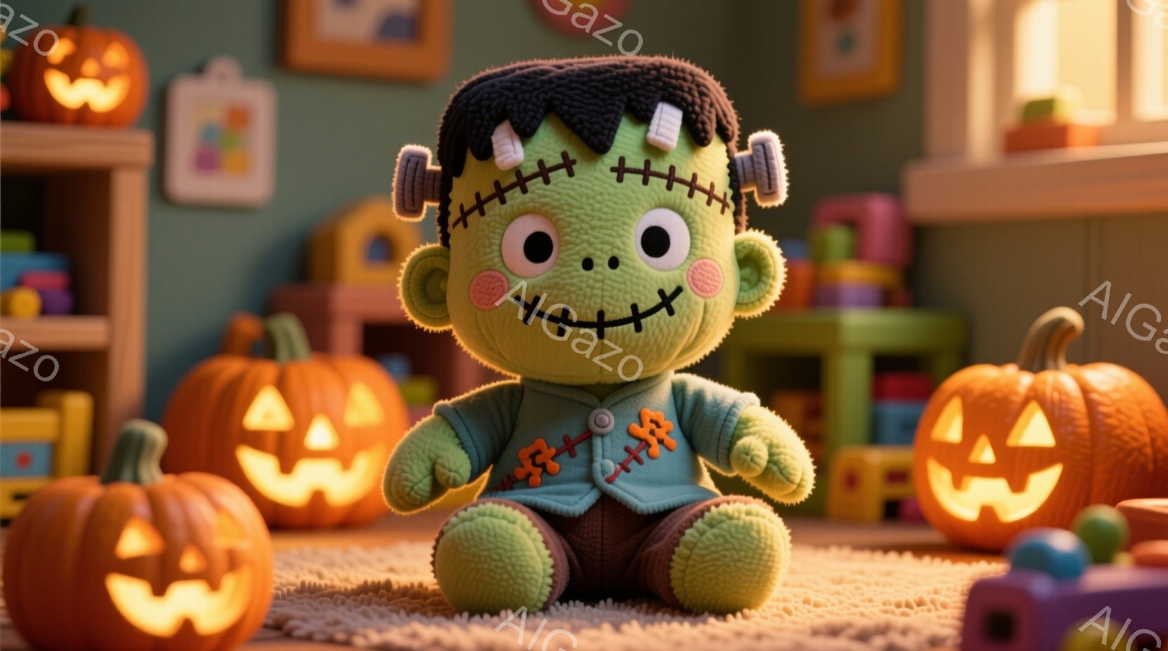 明るい緑色のフランケンシュタインのモンスターのぬいぐるみは、パッチワークの青いシャツを着ており、首には包帯が巻かれています。 黒い髪は乱れており、顔にはステッチで表現された不気味な笑顔が特徴的です。  - AI生成フリー素材