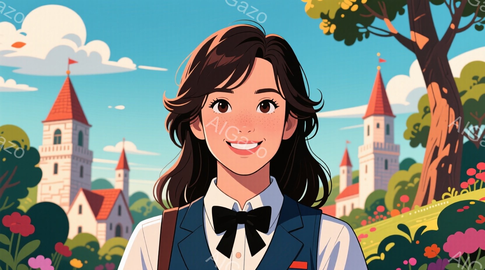 そばかすのある若い女性が写っており、白いシャツに黒いリボン、紺色のジャケットを着用しています。彼女は明るく笑顔を見せ、わずかに上目遣いをしています。背景には、塔を持つ可愛らしい建物や緑豊かな風景が広が - AI生成フリー素材