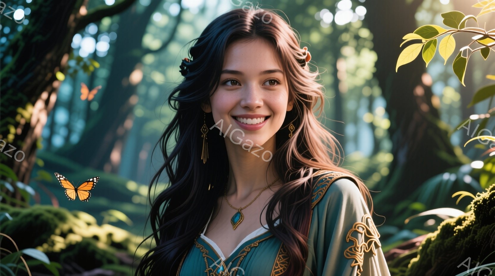 長い茶色の巻き毛に、ターコイズ色のペンダントと金色のイヤリングを身につけた女性が写っている。彼女は緑色の衣装を着ており、穏やかな微笑みを浮かべている。背景には緑豊かな植物が生い茂り、蝶が舞っており、全体的に幻想的で穏やかな雰囲気を醸し出している。