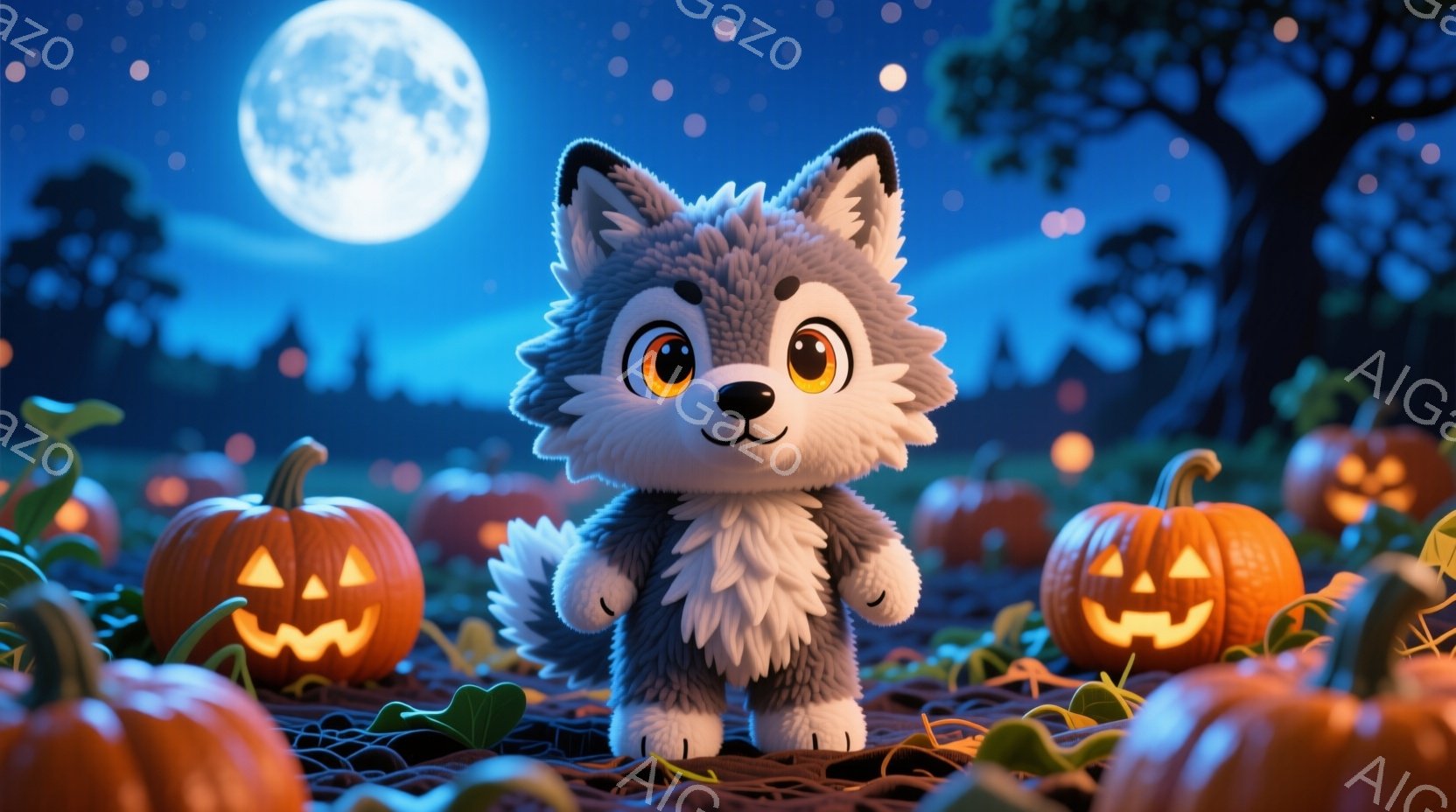 明るい満月を背景に、可愛らしい子犬がカボチャ畑に立っている。子犬は灰色の毛並みで、大きな瞳と優しい表情をしている。周りにはジャック・オー・ランタンが散らばり、ハロウィーンの夜の暖かく幻想的な雰囲気を醸し出している。