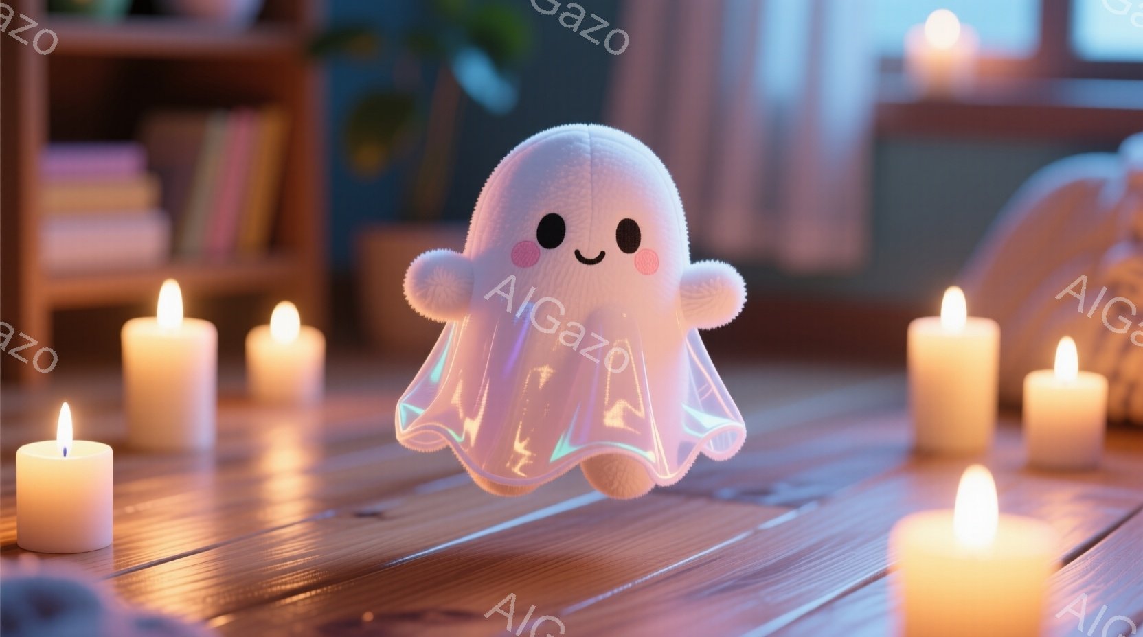 ふわふわとした白い幽霊のぬいぐるみが、テーブルの上に浮かんでいます。その幽霊はつぶらな瞳とほのかな笑顔で、可愛らしい表情をしています。背景には、点灯されたキャンドルと、ぼやけた本棚があり、温かく幻想的 - AI生成フリー素材