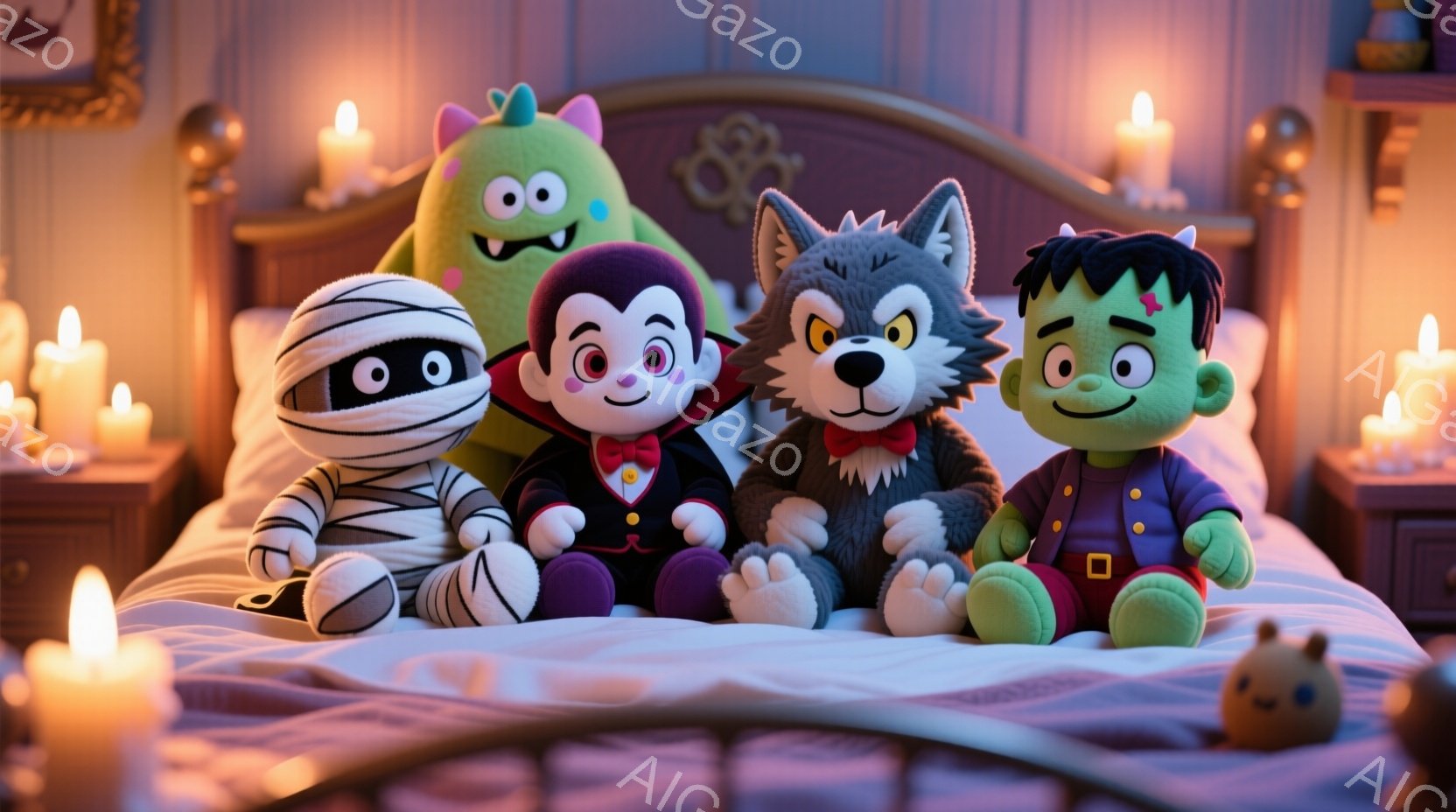 柔らかいベッドの上に、ミイラ、ヴァンパイア、狼男、フランケンシュタインの４体の可愛いぬいぐるみが並んでいます。それぞれハロウィーンをテーマにした服装をしており、ミイラは包帯で覆われ、ヴァンパイアは赤いベストとマント、狼男は毛皮のようなスーツ、フランケンシュタインは緑色の肌にボルトの装飾が施されています。背景には、キャンドルが灯されたテーブルや、お化けの絵が飾られた壁が見え、全体的にハロウィーンの温かく楽しい雰囲気が漂っています。