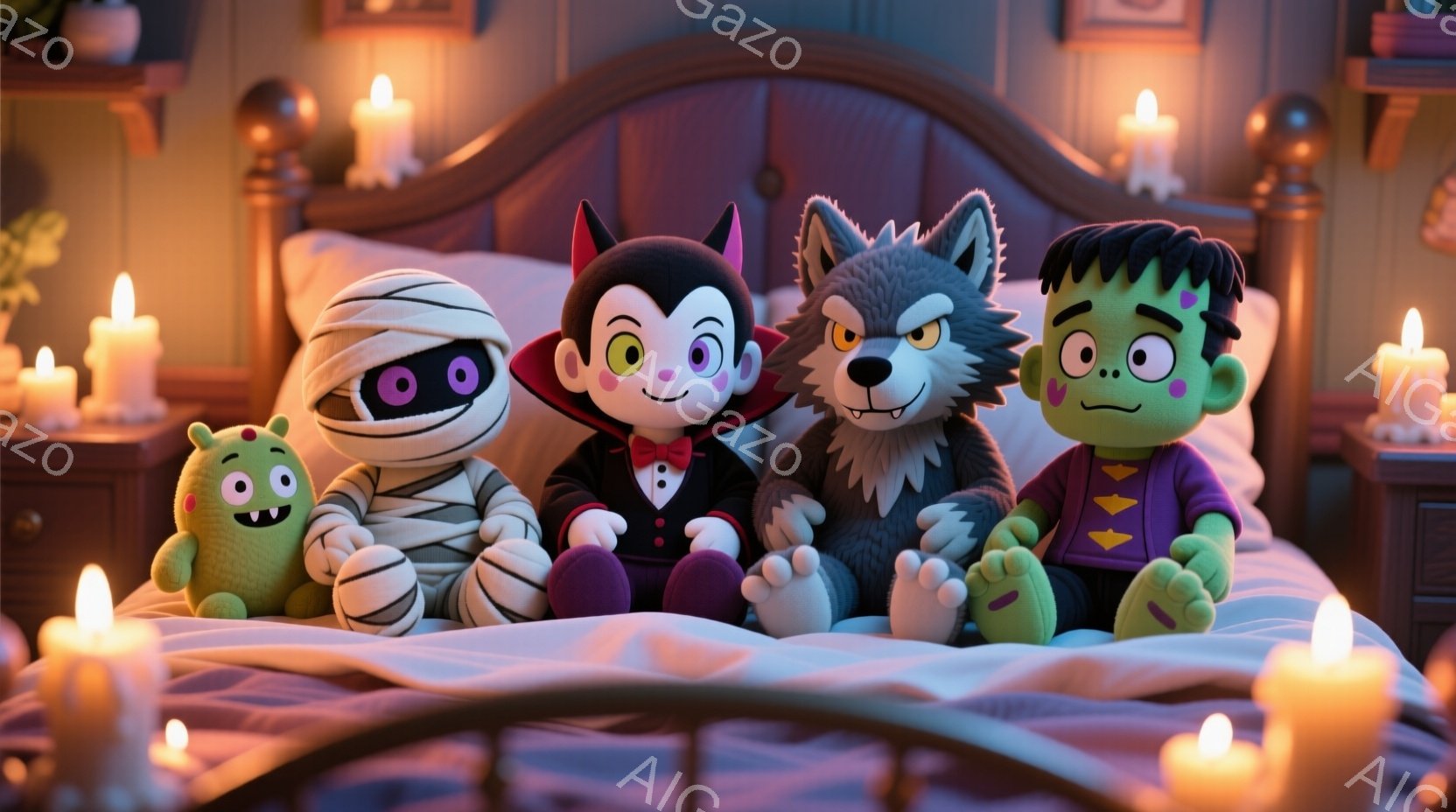 ぬいぐるみのようなモンスターたちがベッドに座っており、それぞれハロウィーンの衣装を着ています。ヴァンパイアはタキシードと赤いケープを身につけ、ミイラは包帯で全身を覆い、狼男は毛むくじゃらの姿で、フラン - AI生成フリー素材