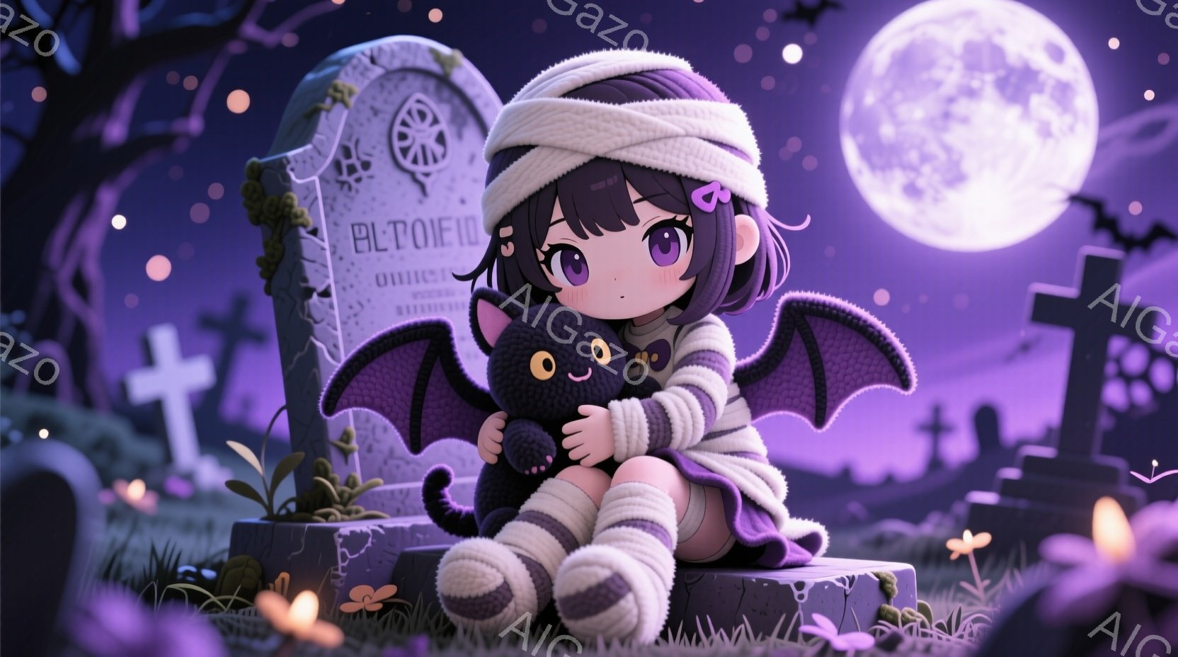少女はミイラのような包帯で体を覆っており、紫色のソックスを履いています。彼女は黒いコウモリのぬいぐるみを抱きしめ、墓石の上に座って少し微笑んでいます。背景は墓地で、月明かりの下、ハロウィーンを思わせる紫色の光と自然が生い茂り、少し不気味で幻想的な雰囲気です。