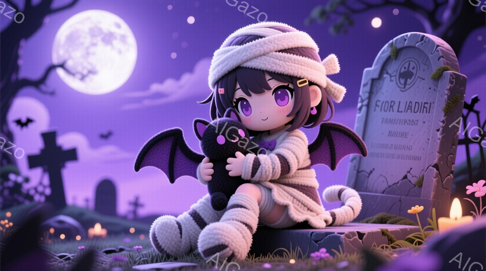 紫色の背景に、ミイラの衣装を着た少女が膝を抱えて座っています。彼女は大きなリボンで髪を結い、少し照れたような表情をしています。背景には墓石、枯れ木、コウモリが舞い、満月が明るく輝き、ハロウィーンの夜の - AI生成フリー素材