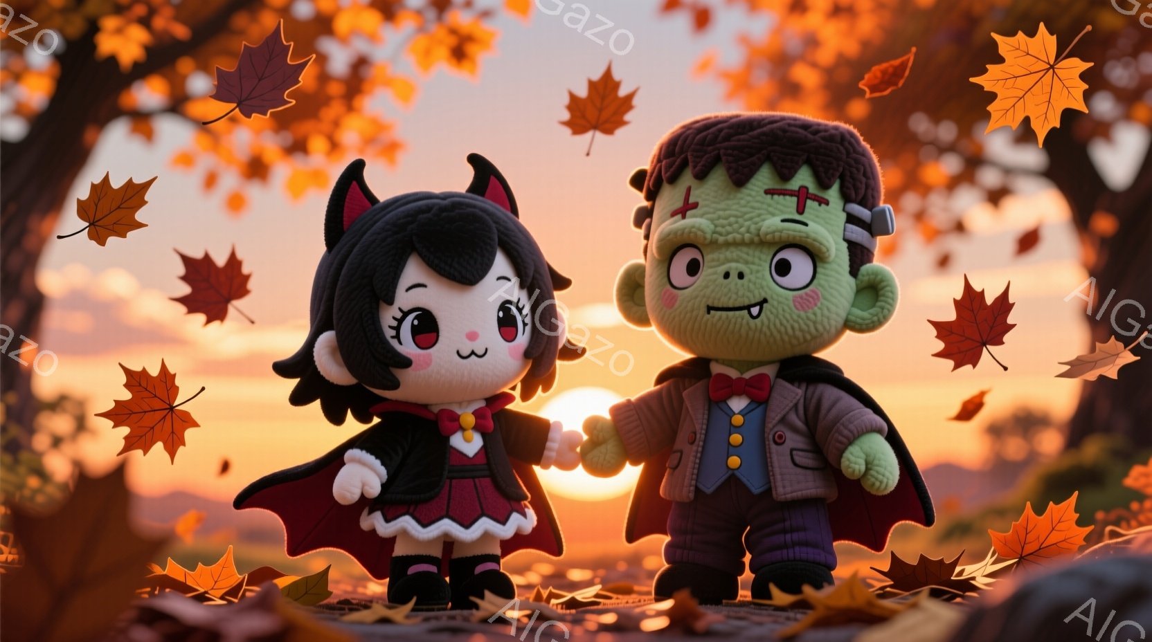可愛らしいヴァンパイアの女の子とフランケンシュタインの男の子が手をつないで立っています。ヴァンパイアの女の子は黒いドレスに赤いリボン、黒いブーツを履き、黒い髪は肩まで伸びています。背景は夕焼け空と紅葉 - AI生成フリー素材