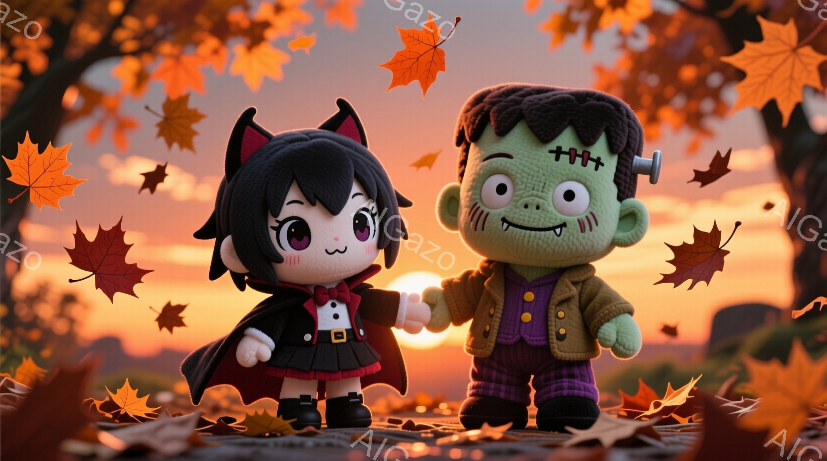 かわいらしいヴァンパイアの女の子とフランケンシュタインの男の子が手をつないで立っている様子を描いています。ヴァンパイアの女の子は、黒いドレスに赤いマントを羽織り、頭には小さな角があります。背景にはオレ - AI生成フリー素材