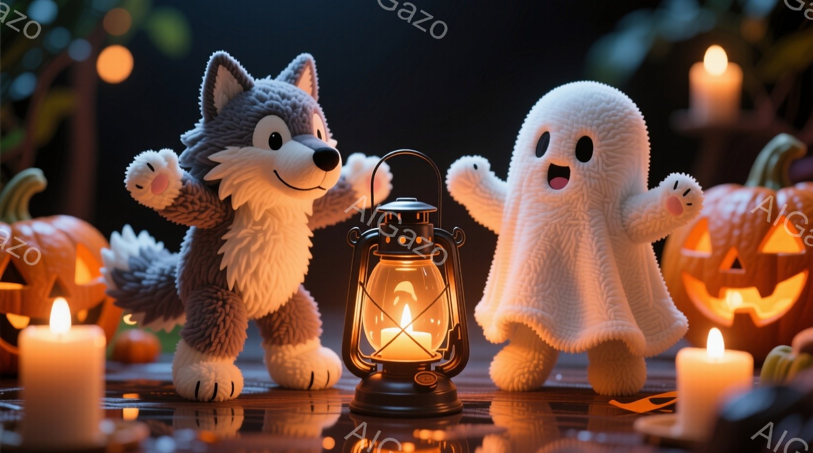 明るいオレンジ色の背景に、狼のキャラクターと幽霊のキャラクターが立っています。狼はグレーの毛並みで、楽しそうな笑顔を浮かべて両手を広げています。幽霊は白い布状で、同様に笑顔で両手を広げており、中央には - AI生成フリー素材