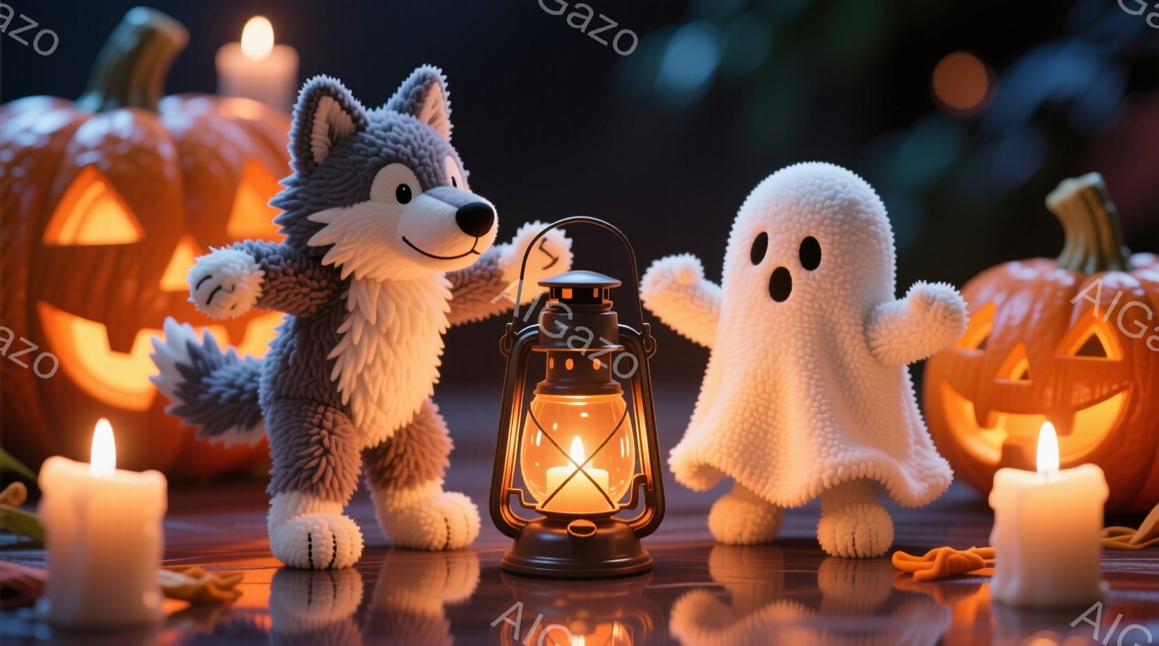 灰色の毛並みをした狼のキャラクターと、白い幽霊のキャラクターが、ランタンとオレンジ色の小さなカボチャに囲まれて立っている。二人は両手を広げ、ハロウィーンの装飾と暖かくオレンジ色のキャンドルの光に照らさ - AI生成フリー素材