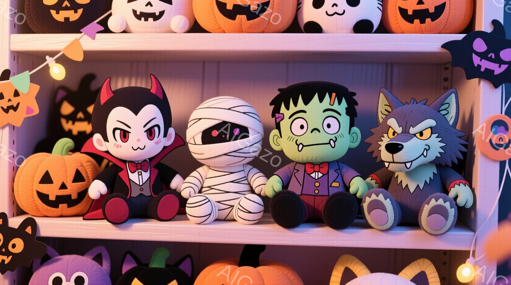 鮮やかなオレンジ色の棚に、ハロウィーンのキャラクターのぬいぐるみたちが並んでいます。吸血鬼は赤いマントと蝶ネクタイを身につけ、少しいたずらっぽい表情をしています。ミイラ、フランケンシュタイン、狼男もそれぞれ特徴的な姿で、お祭り気分を盛り上げています。