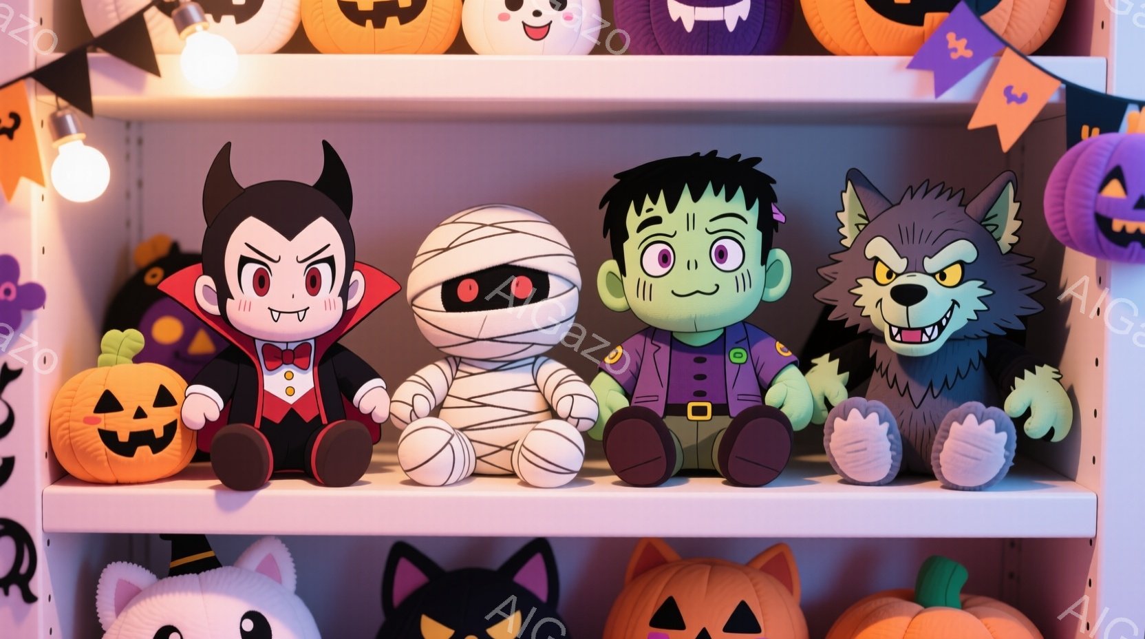 ハロウィーンの飾り棚に、吸血鬼、ミイラ、フランケンシュタイン、狼男のぬいぐるみたちが並んでいる。吸血鬼は赤いマントとベストを着て、少し怒った表情をしている。背景には、カボチャやお化けの飾り付けがあり、 - AI生成フリー素材