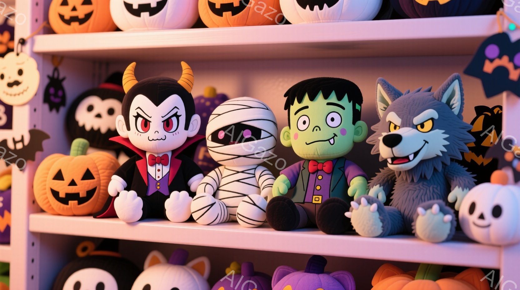 ハローウィーンをテーマにしたぬいぐるみたちが棚に並んでいます。吸血鬼、ミイラ、フランケンシュタイン、狼男がそれぞれ特徴的な衣装を身に着け、楽しそうな表情をしています。背景には様々な色のカボチャが並び、 - AI生成フリー素材