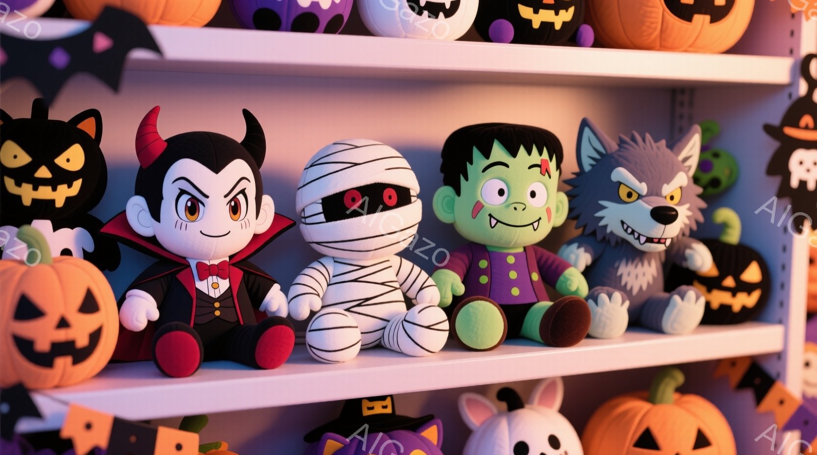 白い棚に、ハロウィーンのキャラクターのぬいぐるみたちが一列に並んでいます。吸血鬼、ミイラ、フランケンシュタイン、狼男がそれぞれ特徴的な服装と表情で、お祭り気分を盛り上げています。背景には、カボチャやお - AI生成フリー素材