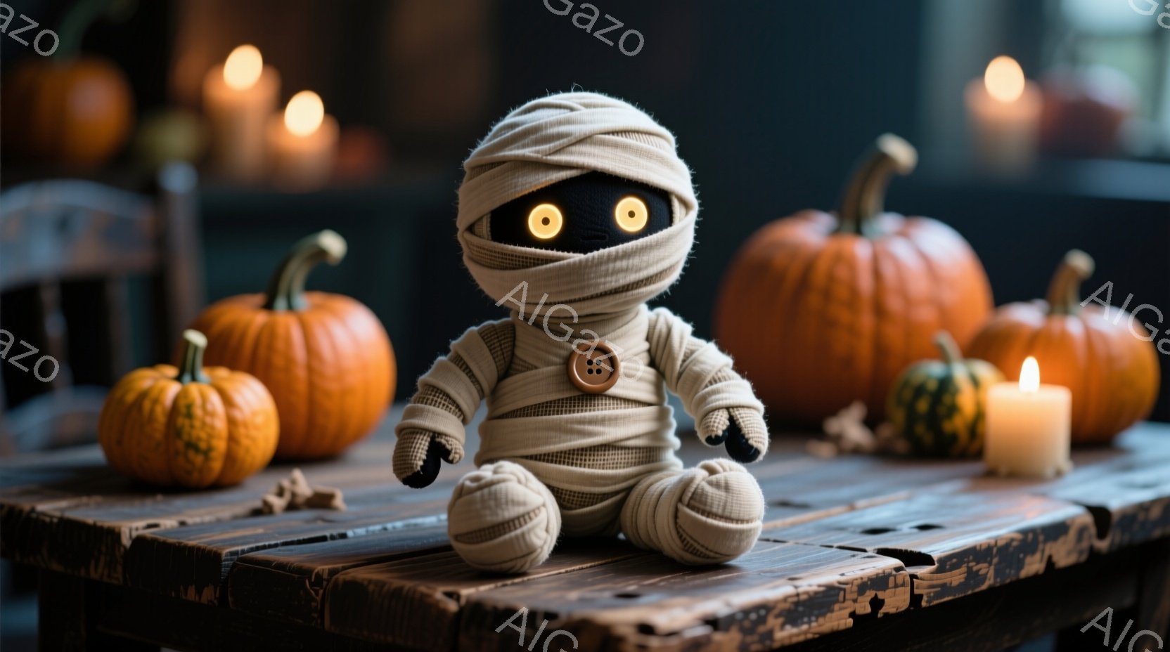 古びた木のテーブルの上に、包帯でぐるぐる巻きにされた可愛らしいミイラのおもちゃが座っています。大きな黒いボタンの目が特徴的で、少しユーモラスな表情をしています。背景には、様々な大きさのオレンジ色のカボ - AI生成フリー素材