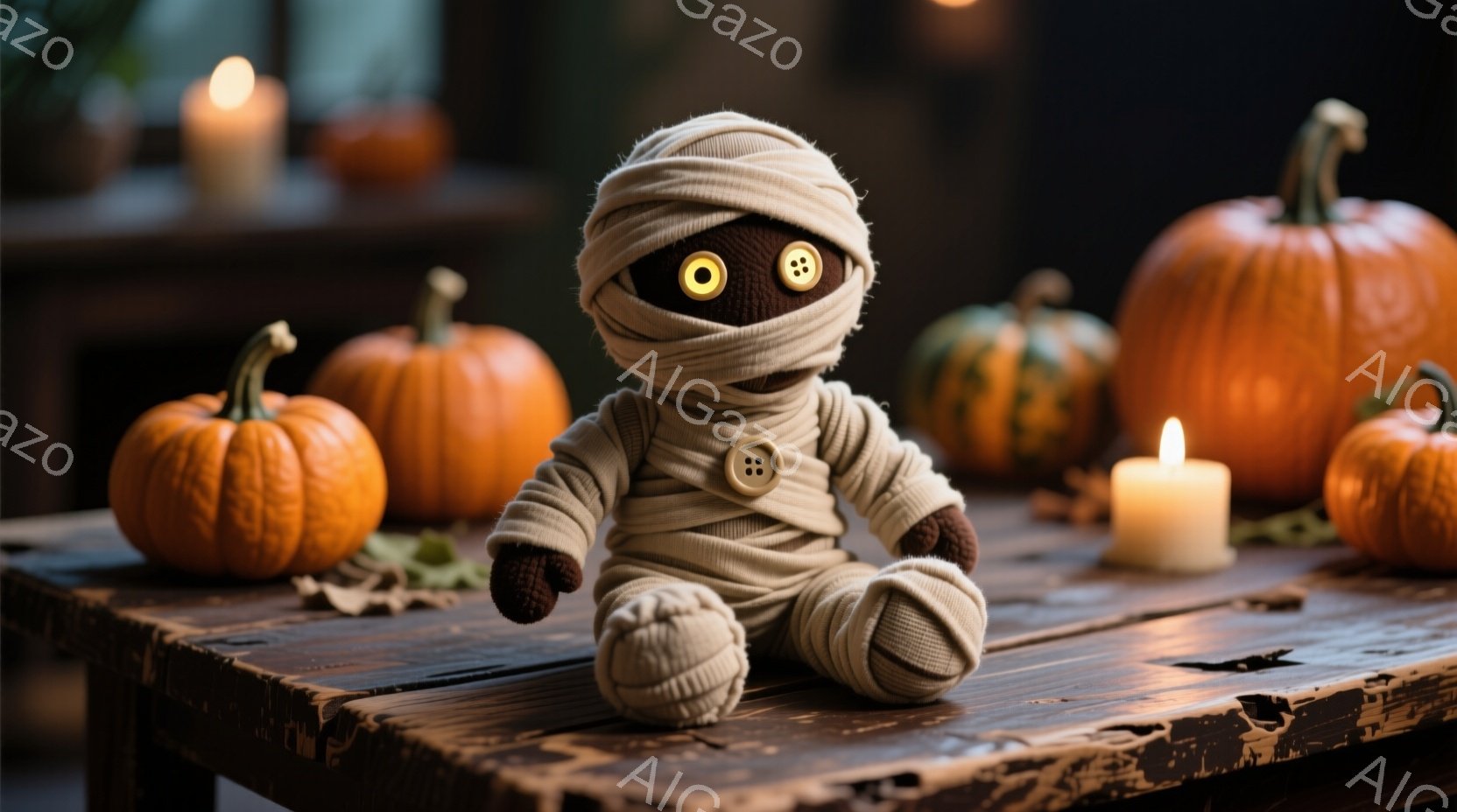 不気味なハロウィーンのセットアップの中に、包帯でぐるぐる巻きになった小さな人形が座っています。目は大きく黒く、体には数個のボタンがついています。背景には、オレンジ色のカボチャと点灯したキャンドルが配置され、暗く暖かい雰囲気を醸し出しています。