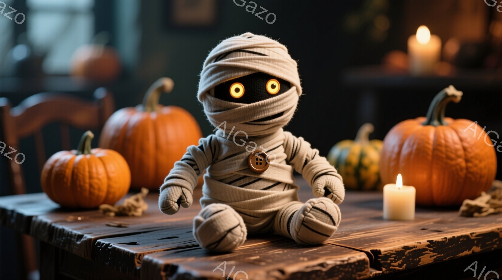 不気味なハロウィーンのセットアップで、包帯で覆われた小さなミイラのぬいぐるみを中心に描かれています。ミイラは丸い大きな目に、ボタンがいくつか付いた胴体で、座って両手を膝の上に置いています。背景には、様 - AI生成フリー素材