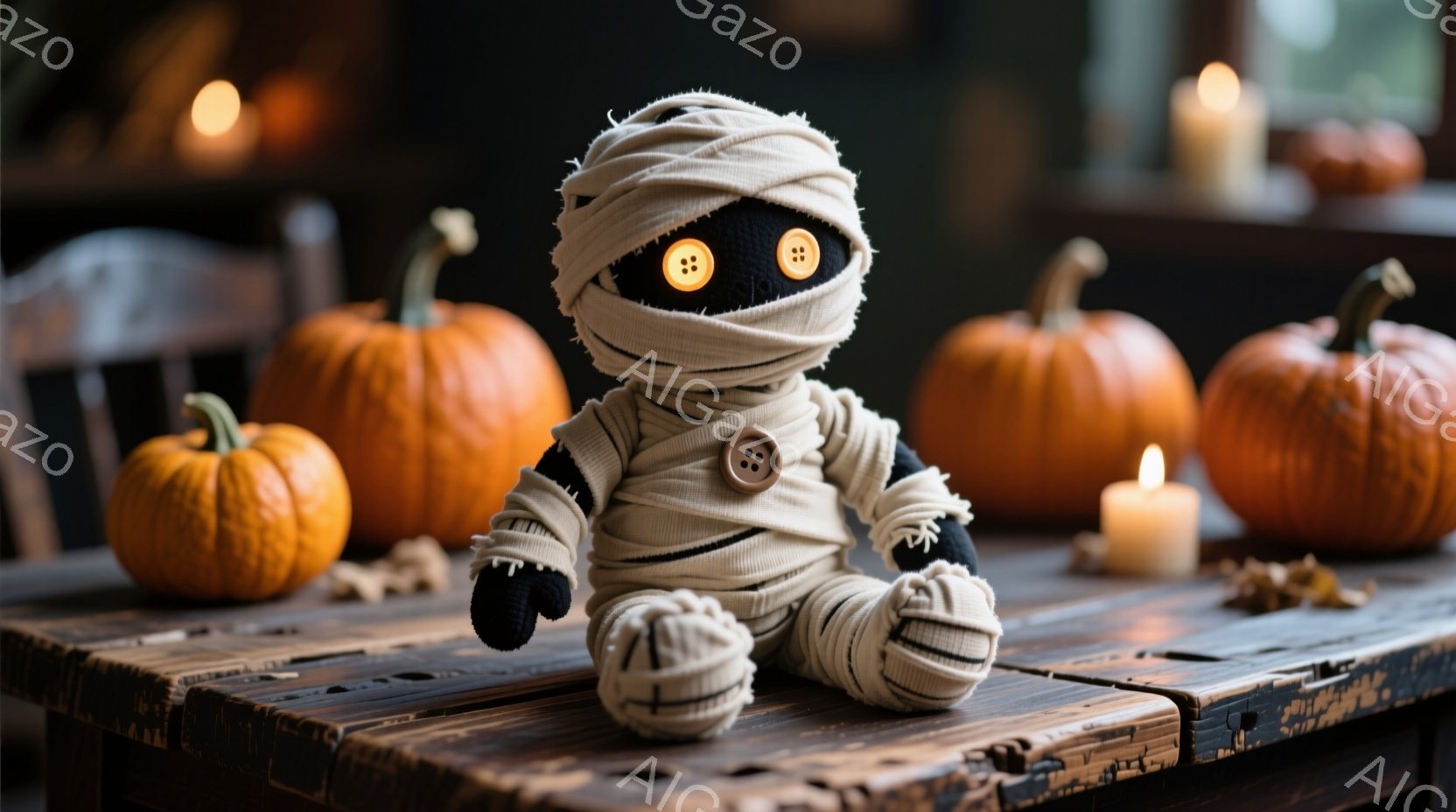 鮮やかなオレンジ色のジャック・オー・ランタンの上に、白い幽霊の姿をしたおもちゃが浮かんでいます。幽霊は丸い黒い目をしており、まるで笑顔を浮かべているかのように見えます。背景は暗く、ぼやけたオレンジ色の - AI生成フリー素材