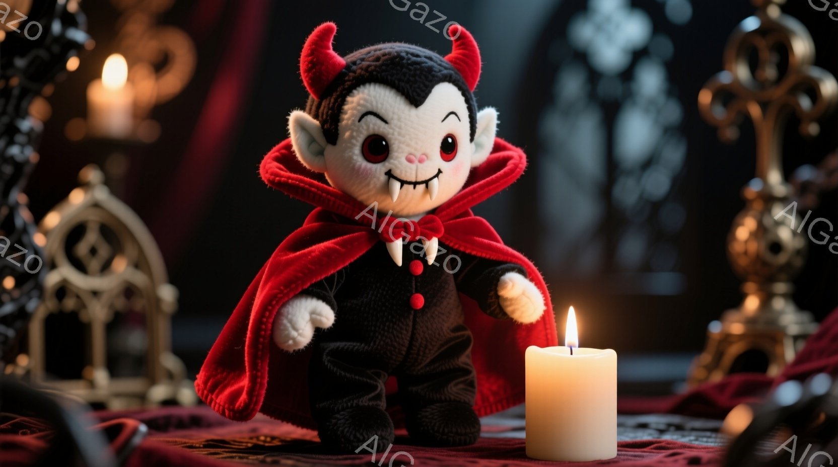 ふわふわの黒い衣装と赤いケープを身につけた、愛らしい吸血鬼のぬいぐるみです。大きなつぶらな瞳と、わずかに覗く牙が特徴的で、ほほえましい表情をしています。背景には、赤い布、燭台、そしてぼんやりと見える装飾が配置され、ハロウィーンのようなお祝いの雰囲気を醸し出しています。