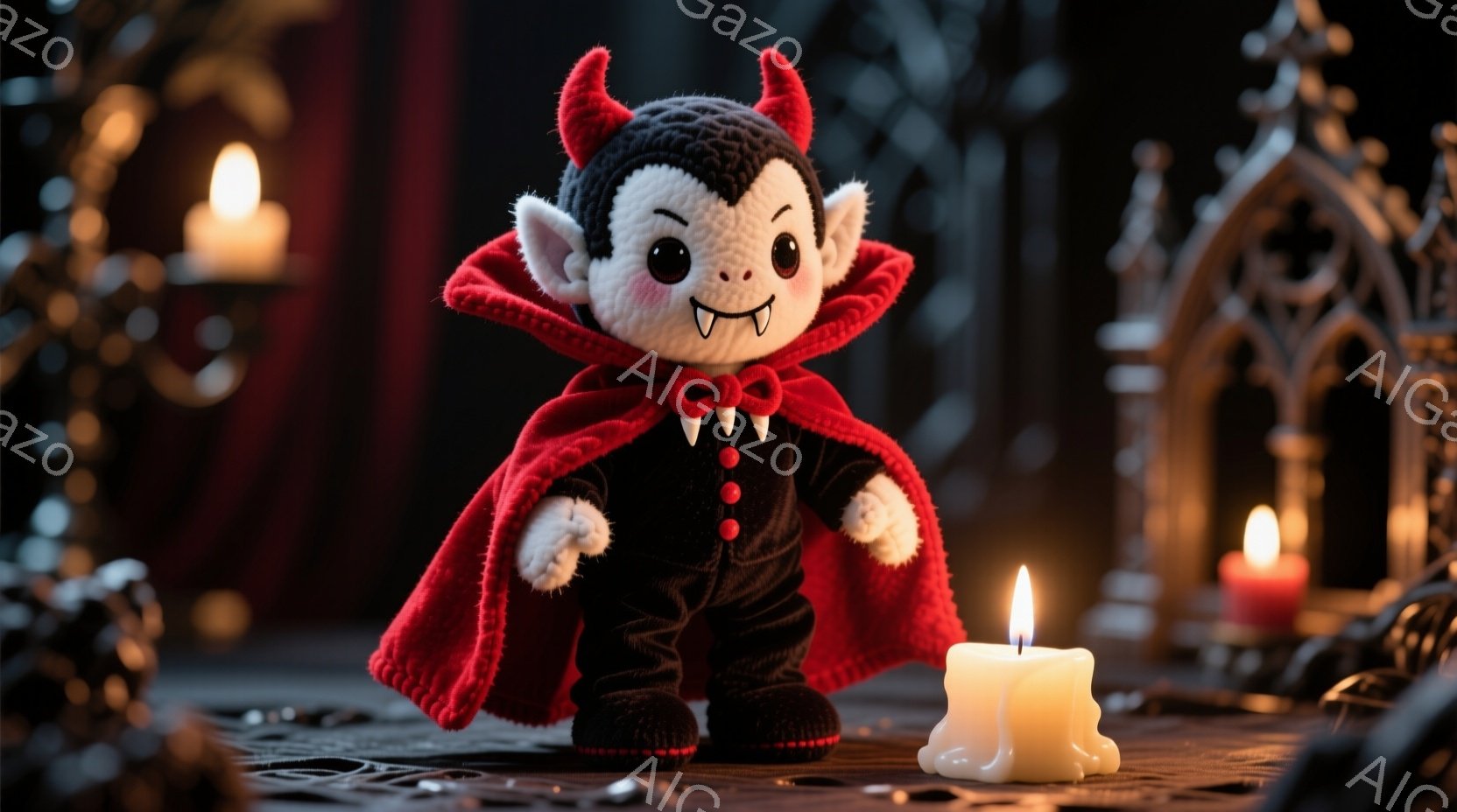 編みぐるみで作られた可愛らしい吸血鬼の人形で、黒いスーツと赤いマントを身につけています。白い顔に大きな瞳、小さな牙が特徴で、微笑んでいるように見えます。背景には、ろうそくの光と装飾的な暗い模様があり、 - AI生成フリー素材