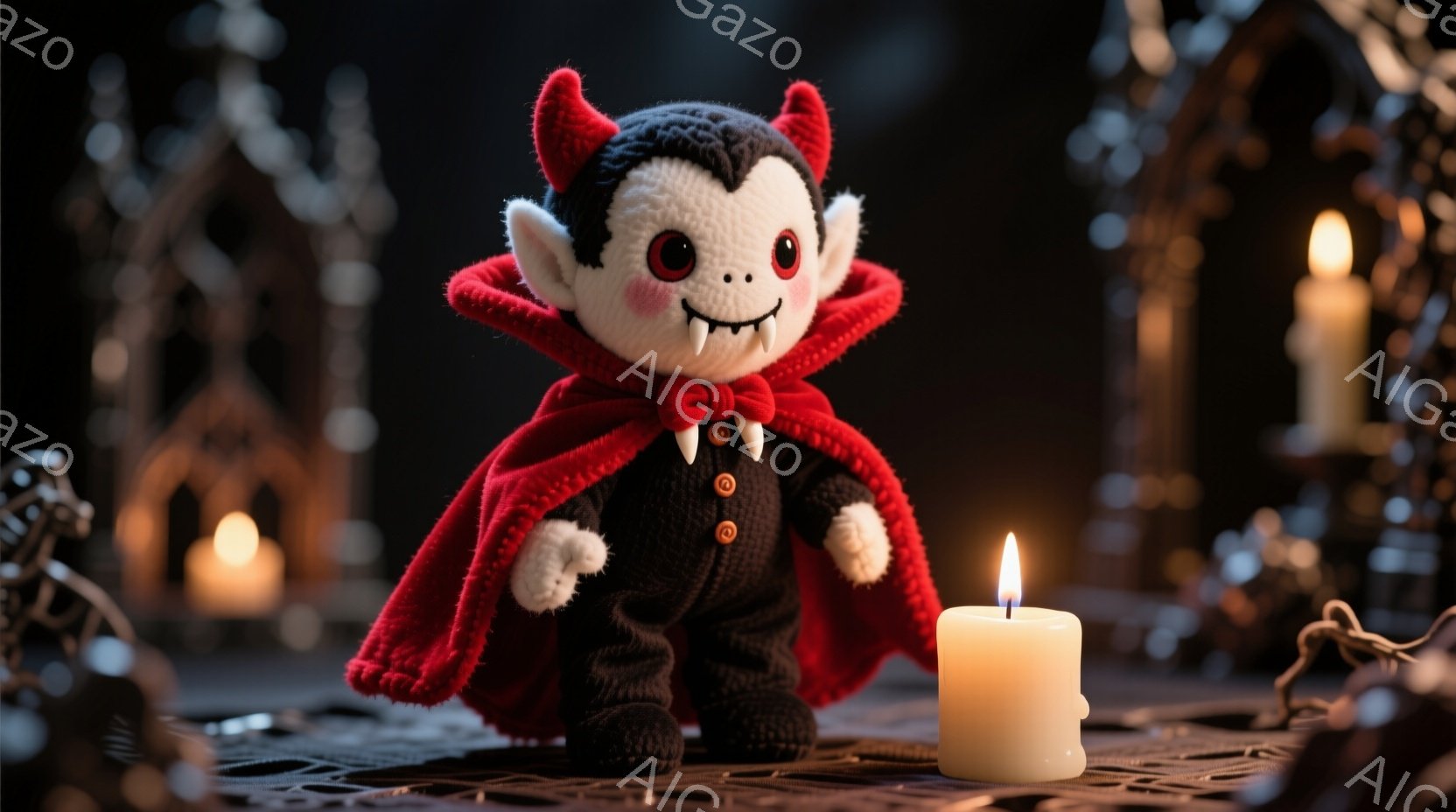 編みぐるみで作られた吸血鬼が写っています。黒い服に赤いマントを羽織り、少しニヤリとした表情で、尖った牙を見せています。背景にはキャンドルや装飾的な金属製のオブジェが配置されており、ハロウィーンのような雰囲気です。