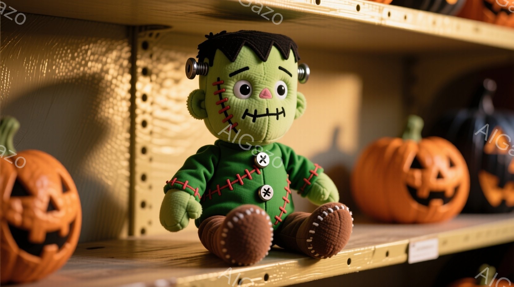 緑色のフランケンシュタインのぬいぐるみは、茶色のブーツを履き、縫い目模様の緑色の服を着ています。大きな黒い髪の毛を持ち、優しい笑顔で正面を見つめており、棚の上に座っています。背景にはオレンジ色のジャック・オー・ランタンが並び、ハロウィーンの賑やかな雰囲気を醸し出しています。
