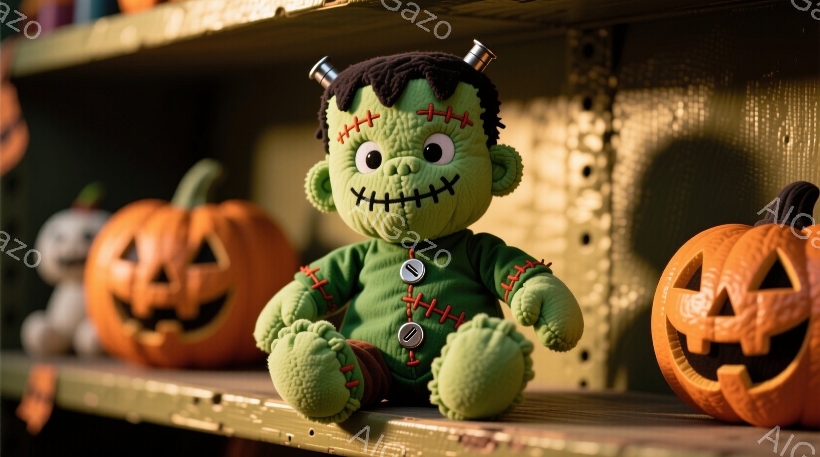 緑色のフランケンシュタインのぬいぐるみは、棚の上に座っており、顔には縫い目のような模様があります。左右の肩には黒いボタンが縫い付けられており、頭部にはボルトが突き出ています。背景には、ハロウィーンの装飾であるオレンジ色のジャック・オー・ランタンが配置され、全体的にハロウィーンの雰囲気を感じさせる画像です。