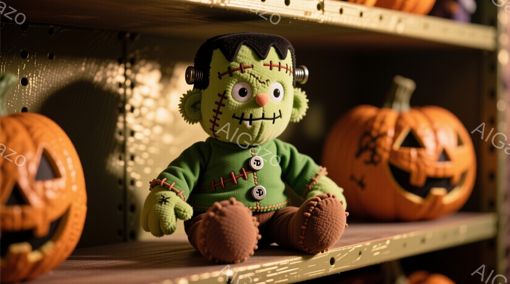 緑色のモンスターのぬいぐるみは、茶色の靴と手足、そして緑色の縫い目のある体に、大きな黒い髪型が特徴です。 縫い目とボタンが施された服を着ており、少し微笑んでいるように見えます。 背景には、ハロウィーンを連想させるオレンジ色のジャックオーランタンが配置された棚があり、全体的に温かく、お祝いの雰囲気です。