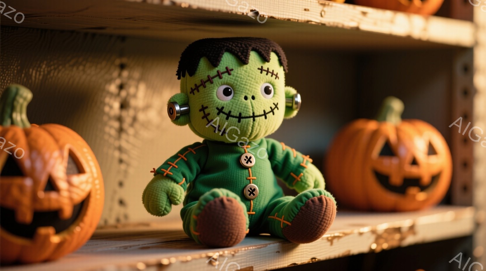 鮮やかな緑色のフランケンシュタインのぬいぐるみは、茶色の足と腕、そして首と手足に縫い付けられた特徴的な縫い目を持っています。縫い目はX字型で、ぬいぐるみ全体に施されています。背景には、ハロウィーンを象 - AI生成フリー素材