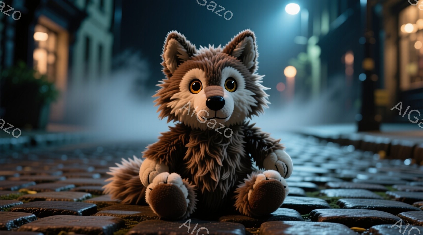 舗装された石畳の道に、ふわふわの茶色の狼のぬいぐるみがお座りしている。その狼は正面を見据え、大きな丸い目で優しげな表情を浮かべている。背景は夜の街並みで、ぼんやりとした街灯の光が霧の中に消え込み、静かで少し幻想的な雰囲気を醸し出している。