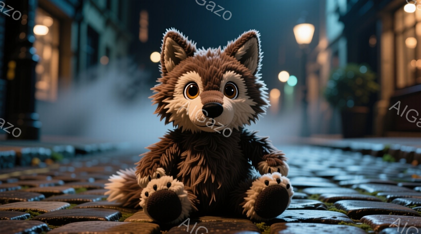 濡れた石畳の道に、ふわふわの灰色の狼のぬいぐるみがお座りしている。ぬいぐるみは大きな丸い目をしており、前足は白く、可愛らしい表情をしている。背景は夜の街並みで、ぼんやりとした街灯の光と霧が漂い、幻想的な雰囲気を醸し出している。