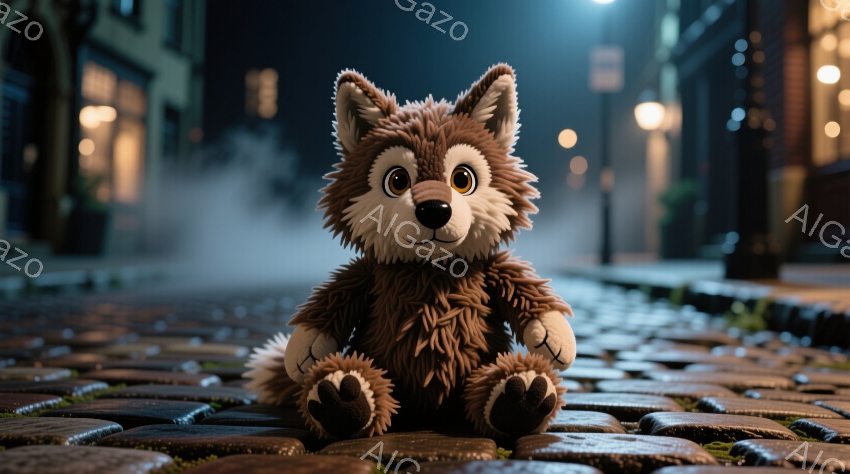 古い石畳の道に、茶色のふわふわした狼のぬいぐるみがお座りしている。背景にはぼやけた建物と街灯があり、霧が立ち込めて、少し不気味で幻想的な雰囲気を作り出している。ぬいぐるみは正面を見ており、つぶらな瞳が - AI生成フリー素材