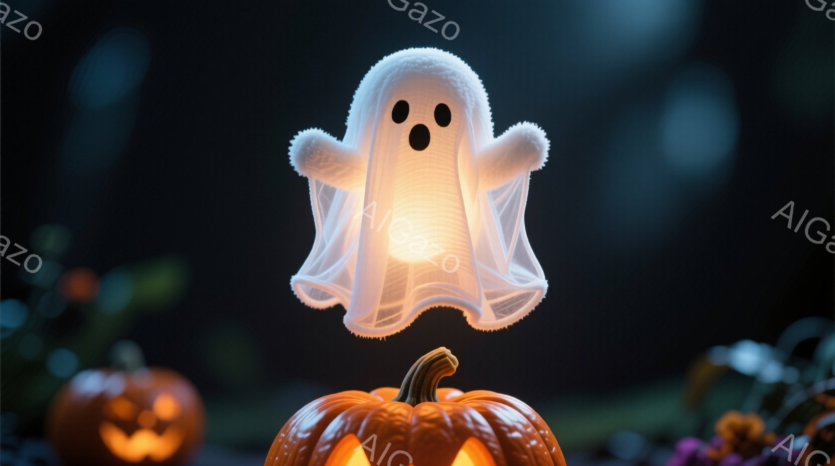 オレンジ色のハロウィーンのジャック・オー・ランタンの上に浮かぶ、可愛らしい幽霊が描かれています。幽霊は丸みを帯びた形をしており、大きな黒い目で、おどけた表情をしています。背景には、他のジャック・オー・ - AI生成フリー素材