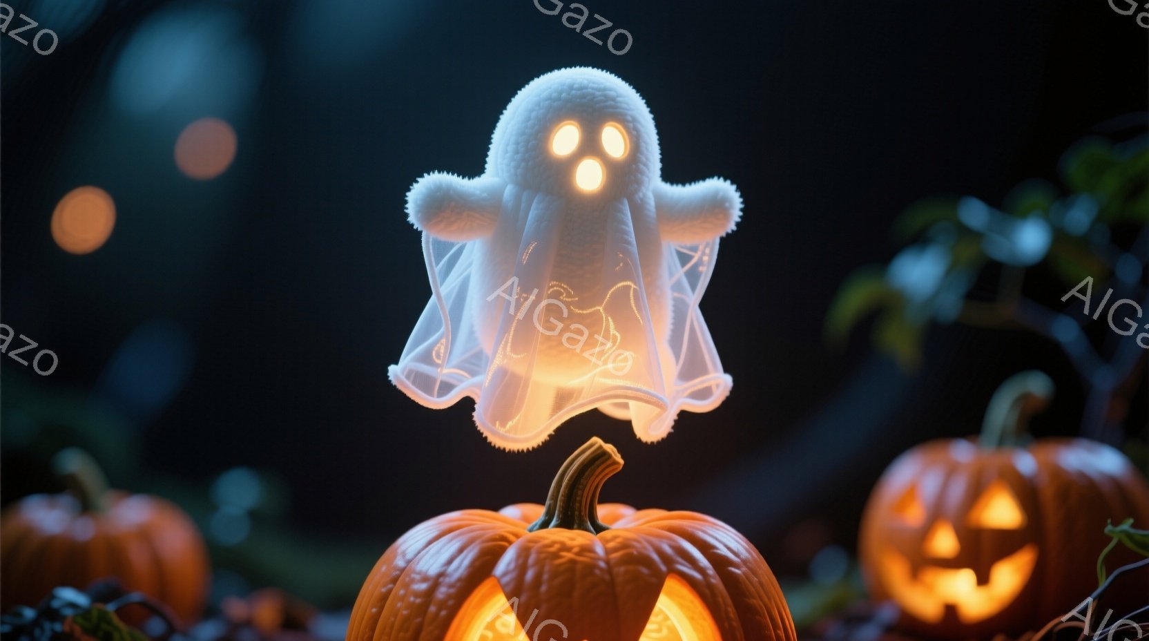 真ん中に浮かぶ可愛らしいお化けは、ぼんやりと光を放つ白い布で覆われている。背景には、ジャック・オー・ランタンがいくつか並び、薄暗い夜のハロウィンの雰囲気を醸し出している。全体的に、暖かく、遊び心のある - AI生成フリー素材
