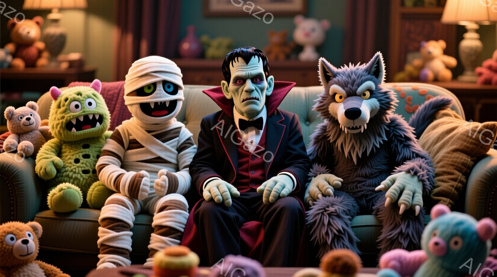 ソファにモンスターたちが座っており、フランケンシュタイン、ミイラ、狼男、そして毛むくじゃらのモンスターの人形がいます。フランケンシュタインは黒いスーツに蝶ネクタイを締め、ミイラは全身を包帯で覆い、狼男 - AI生成フリー素材